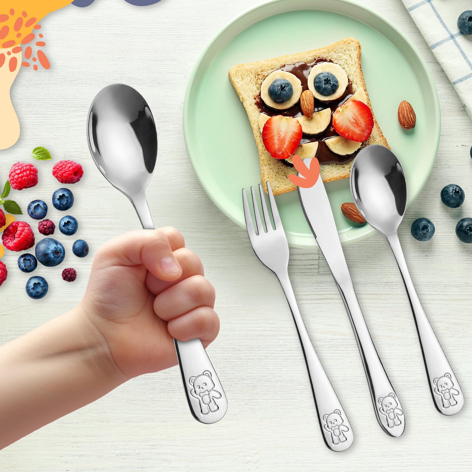 9 posate per bambini in acciaio inox, 3 forchette, 3 cucchiai, 3 coltelli, lavabili in lavastoviglie, set di posate per bambini, con incisione, regalo per battesimo per ragazze e ragazzi (argento)