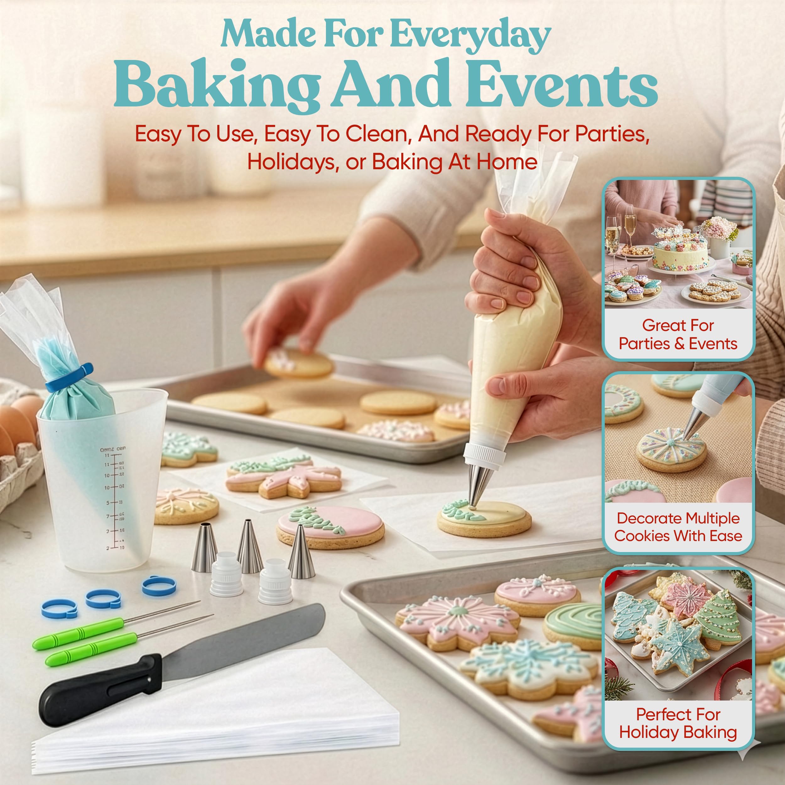 Bakerpan Royal - Juego de herramientas de glaseado real, suministros para galletas de glaseado, espátula, mangas pasteleras, taza, acopladores, abrazaderas de bolsa, puntas de tubería, escribas de