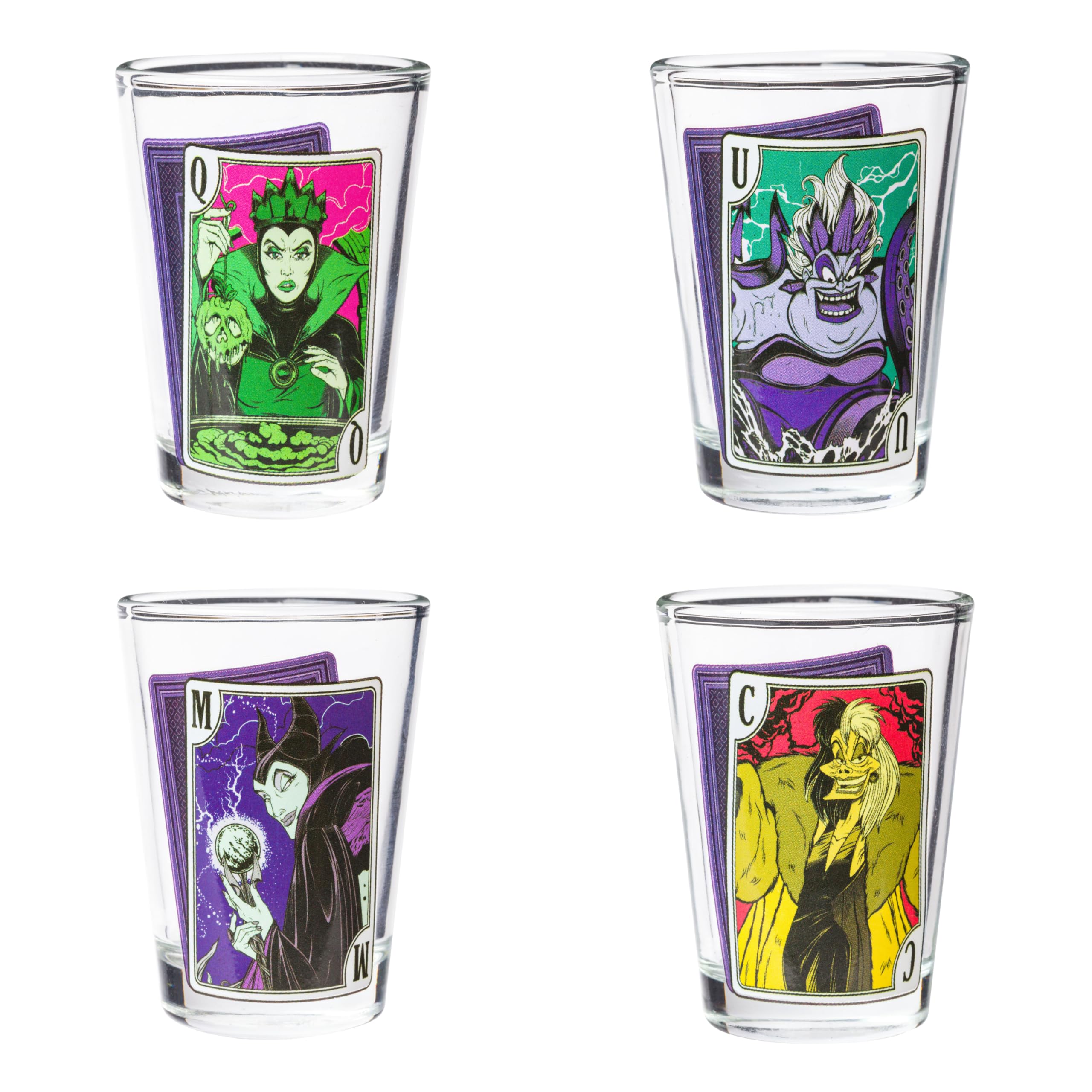 Silver Buffalo Disney Villains Playing Cards Featuring Cruella De Vil, Ursula, The Evil Queen, and Maleficent 4 Pack Mini Glasses, 1.5 Ounces