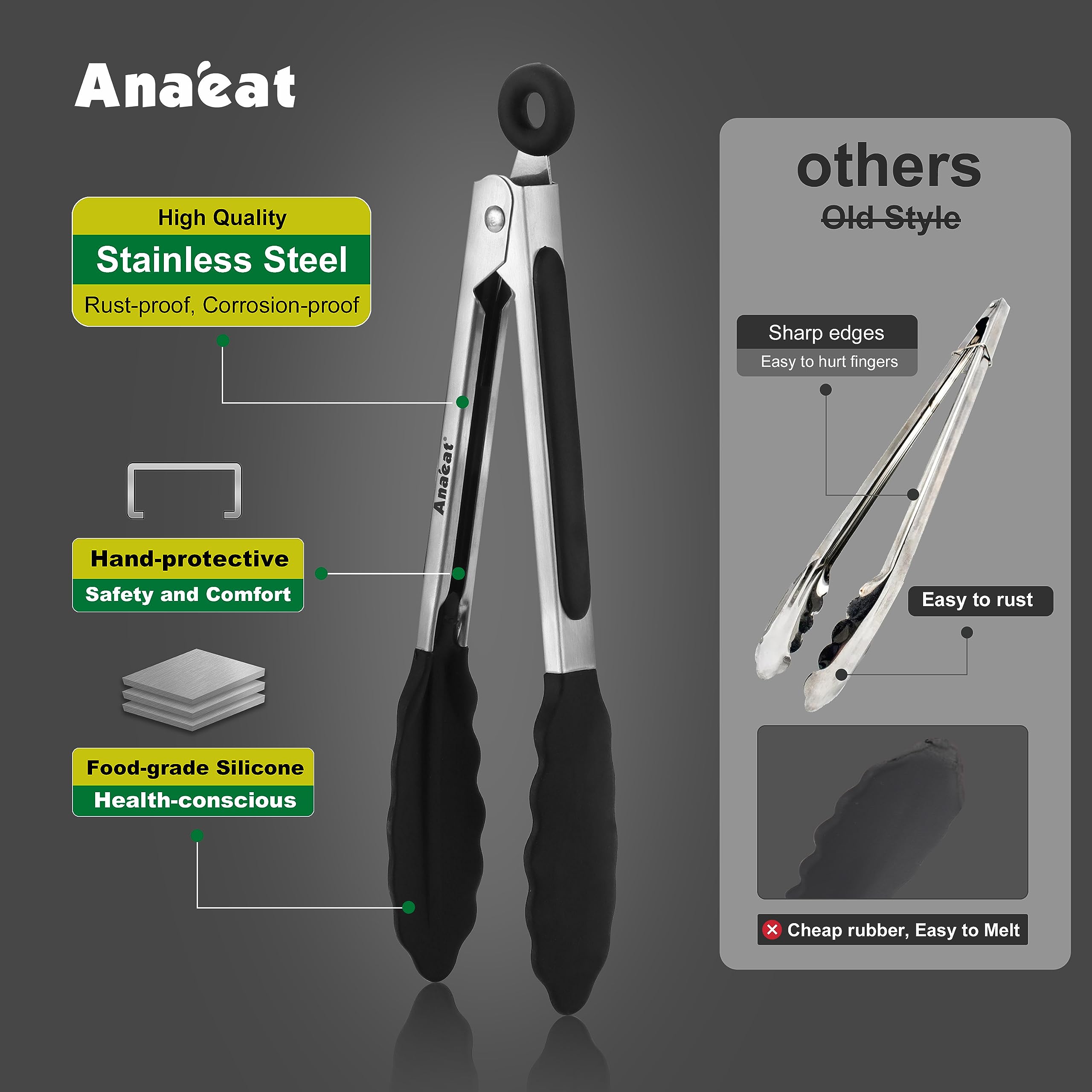Anaeat Antypoślizgowe silikonowe szczypce blokujące, zestaw 3 szt., stal nierdzewna, 18 cm, 23 cm, 30 cm, kuchenne szczypce do żywności z antypoślizgowymi silikonowymi końcówkami i uchwytem do gotowania, pieczenia i grillowania - odporne na wysokie temper