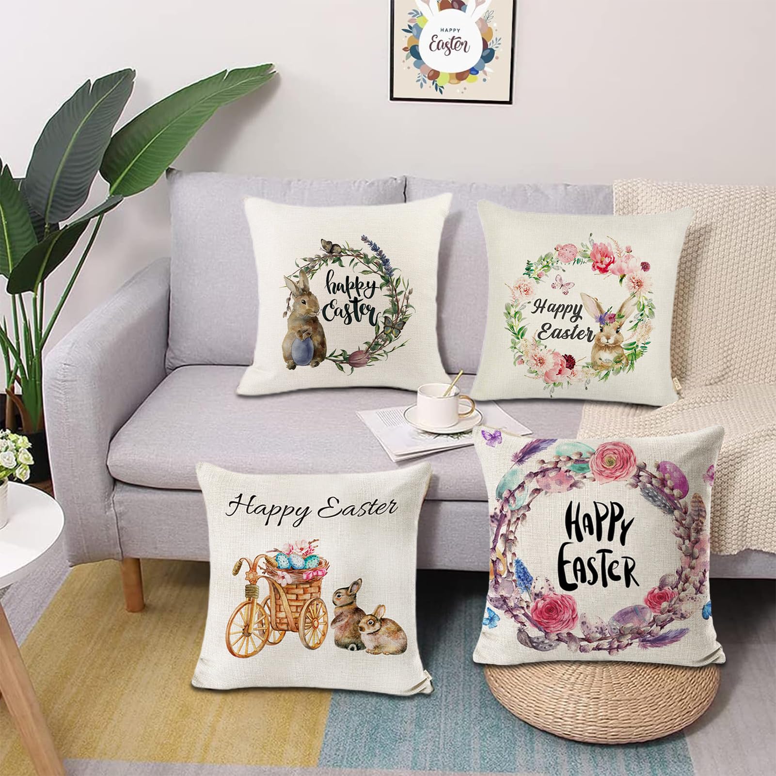 2 Federe Pasquali Primaverili 45x45 Cm, Con Coniglietto Floreale - Decorazione Casa In Lino, Per Interni Ed Esterni
