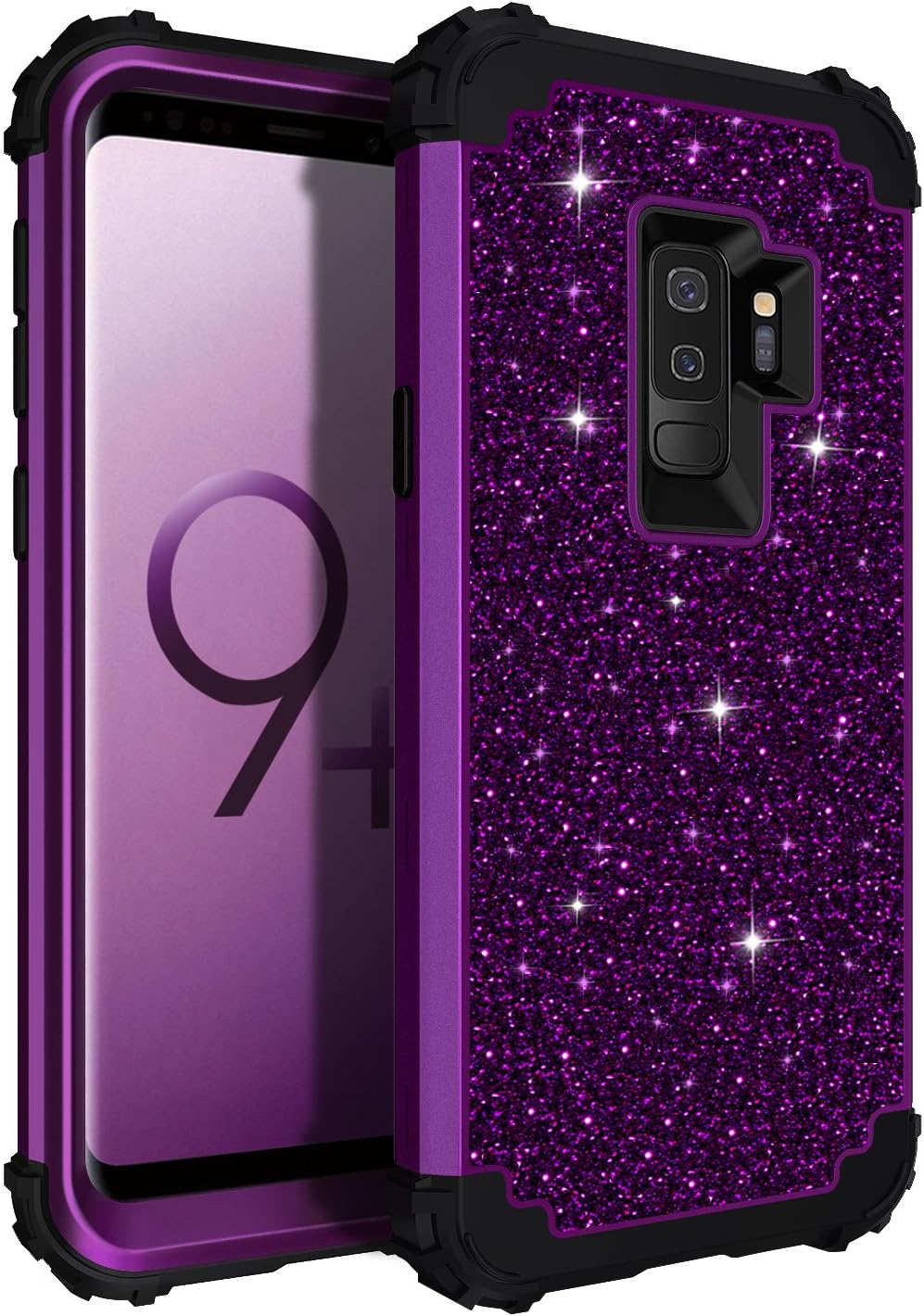 LONTECT for Galaxy S9 Plus Case Glitter Sparkly Bling Shockproof Heavy Duty Hybrid Sturdy High Impact Protective Cover Case for Samsung Galaxy S9 Plus/Galaxy S9+, Shiny Purple/Black