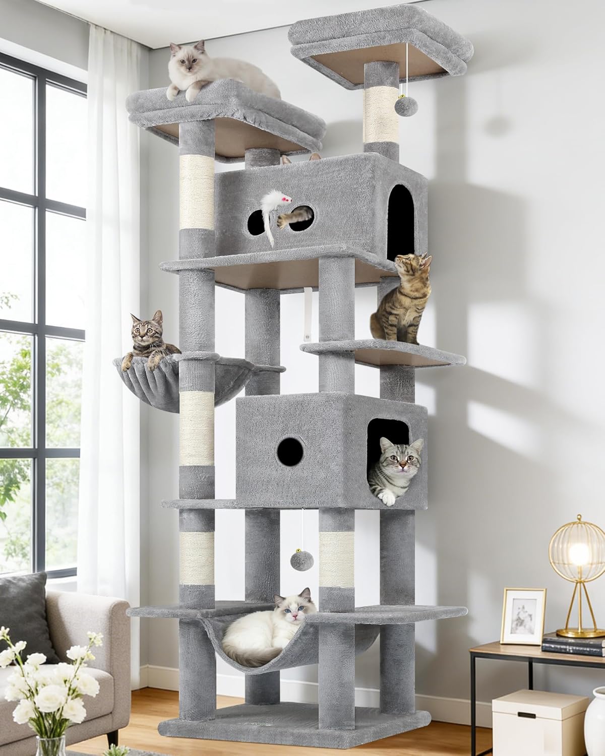 Globlazer Heavy Duty Cat Tree Tower 80in Tall Extra Large Cat Tree Tower for Multiple Indoor Cats Large Adult with Scratching Posts, 2 Spacious Condos, Padded Perches, Soft Hammock, S80B, Light Grey