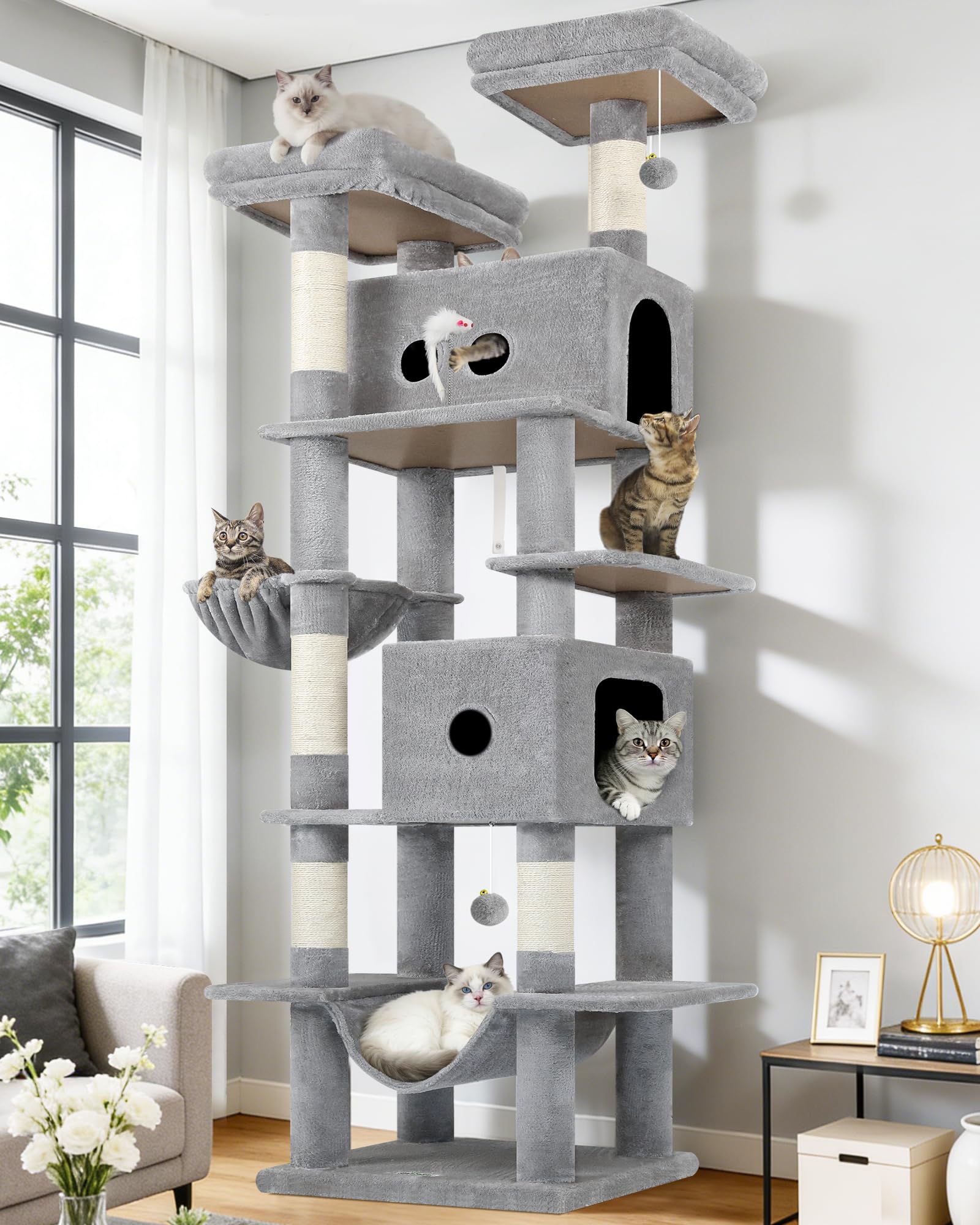 Globlazer Drapak XXL dla 3-5 dużych kotów o wysokości 204 cm z 2 dużymi kocimi domkami 50*30*30CM, 2 platformami, hamakiem, koszem, zabawką dla kota, stabilny drapak dla ciężkich kotów do użytku w