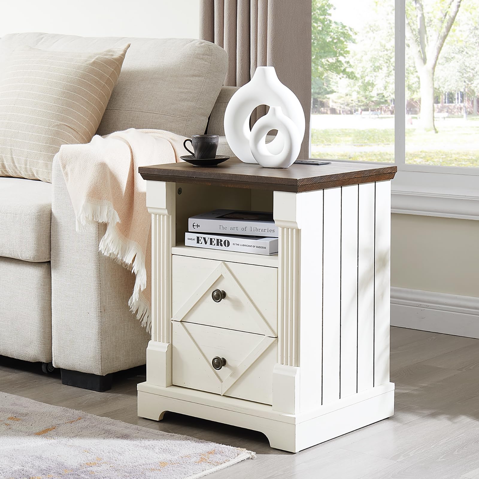 Minifeel Nightstand with Charging Station, Rustic 18 Inch Farmhouse End Table with Barn Door, Wood Sofa Side Table with 2 Storage Drawers for Living