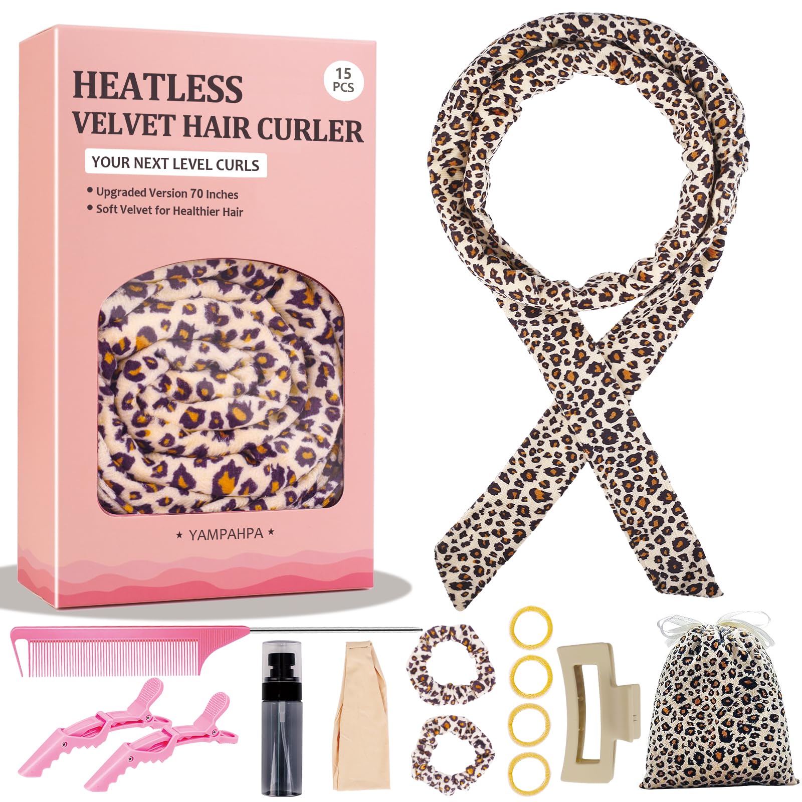 Heatless Curls Overnight Headband, 70'' No Heat Hair Curlers for Medium Long Hair, Leopard Print