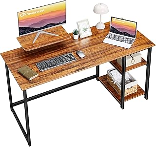 GreenForest Computer Home Office Desk with Monitor Stand and Reversible Storage Shelves,55 inch Modern Simple Writing Study PC Work Table,Walnut