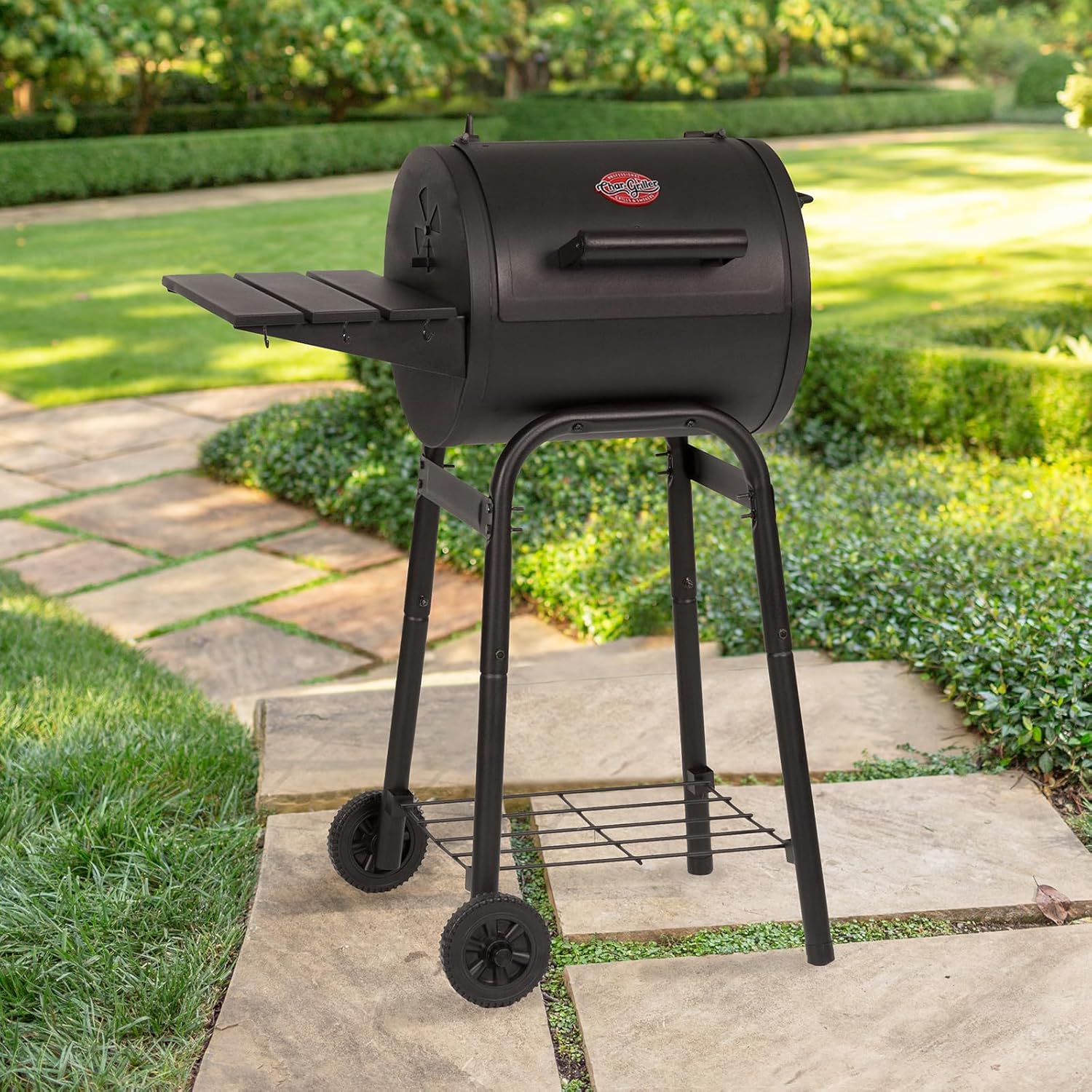 Char-Griller® Patio Pro Charcoal Grill and Smoker with Cast Iron Grates, Premium Metal Shelf and Damper Control, 250 Cooking Square Inches in Black, Model 1616