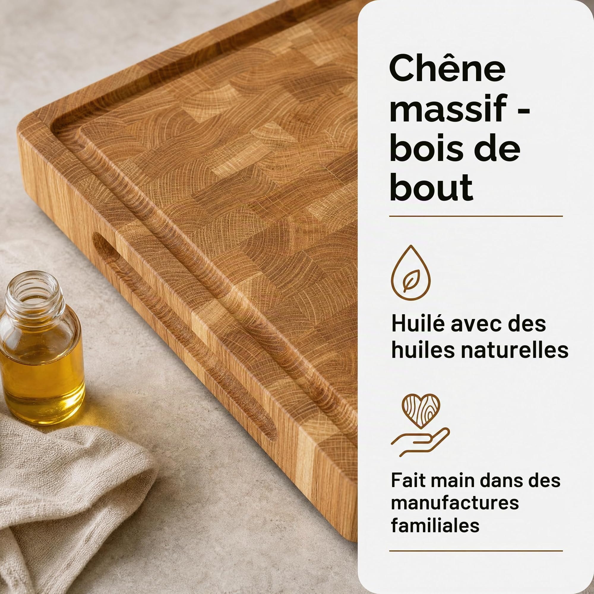 B4K® Planche à découper en chêne antibactérien - 50 × 35 × 4 cm - Bloc de hachage massif avec poignées, rainure à jus et pieds en silicone - Parfait pour la cuisine,