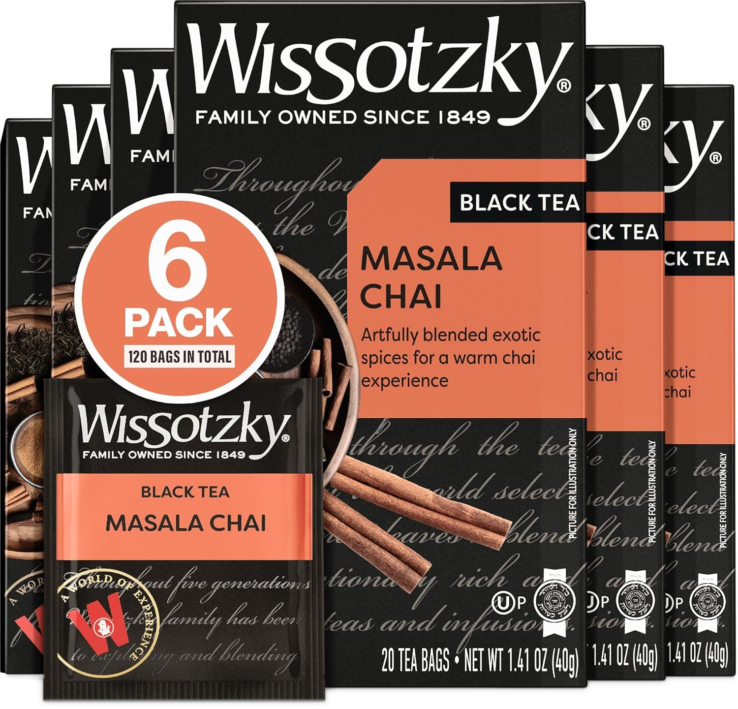 Wissotzky Masala Chai Black Tea (6 Pack - 120 Tea Bags) | Aromatic Chai Tea | Antioxidant Rich | Comforting Tea | Black Tea Bags