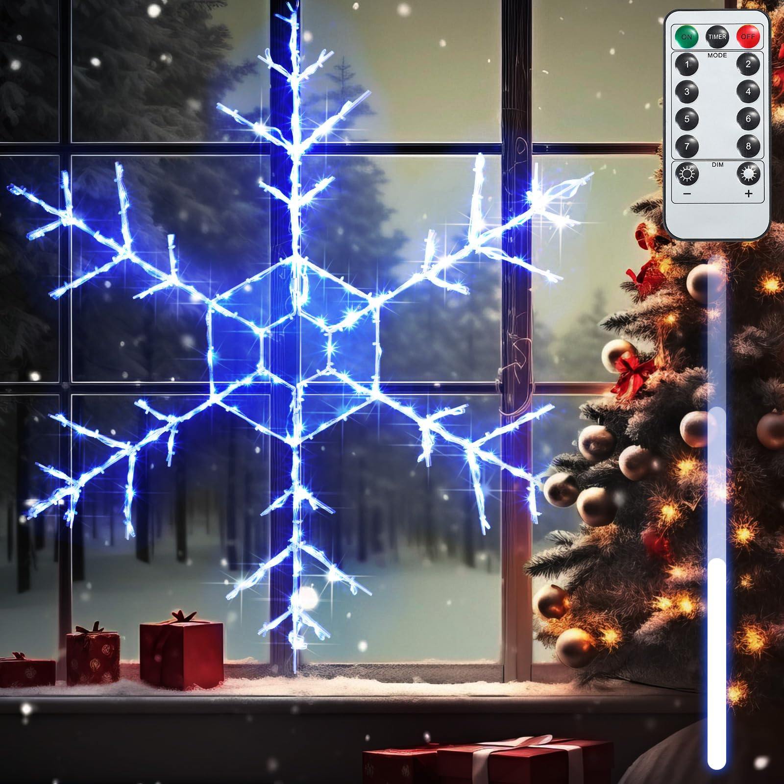 Riakrum 36" Christmas Window Lighted Large Snowflake Light, 8 Modes Timer Remote Control Hanging Light, Silhouette Party Decorations Indoor Outdoor for Holiday Window Yard Porch(Blue, 1 Pcs)