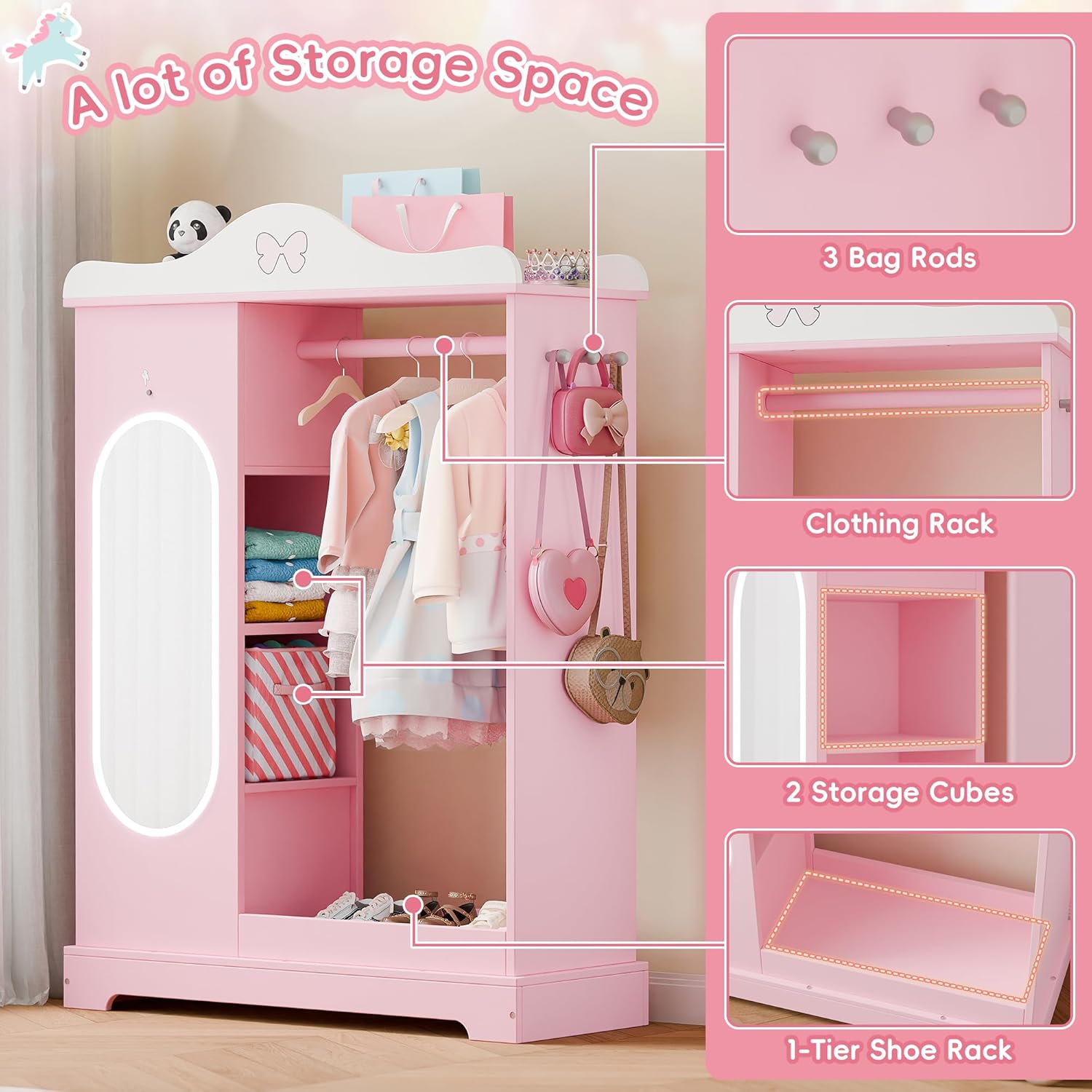 Xilingol Kids Armoire with a Jewelry Cabinet, Princess Dress Up Closet with Mirror, Kids Wardrobe Closet with Storage Shelves, Armoire Costume Organizer for Bedroom, Kids Room, Girl (Pink)