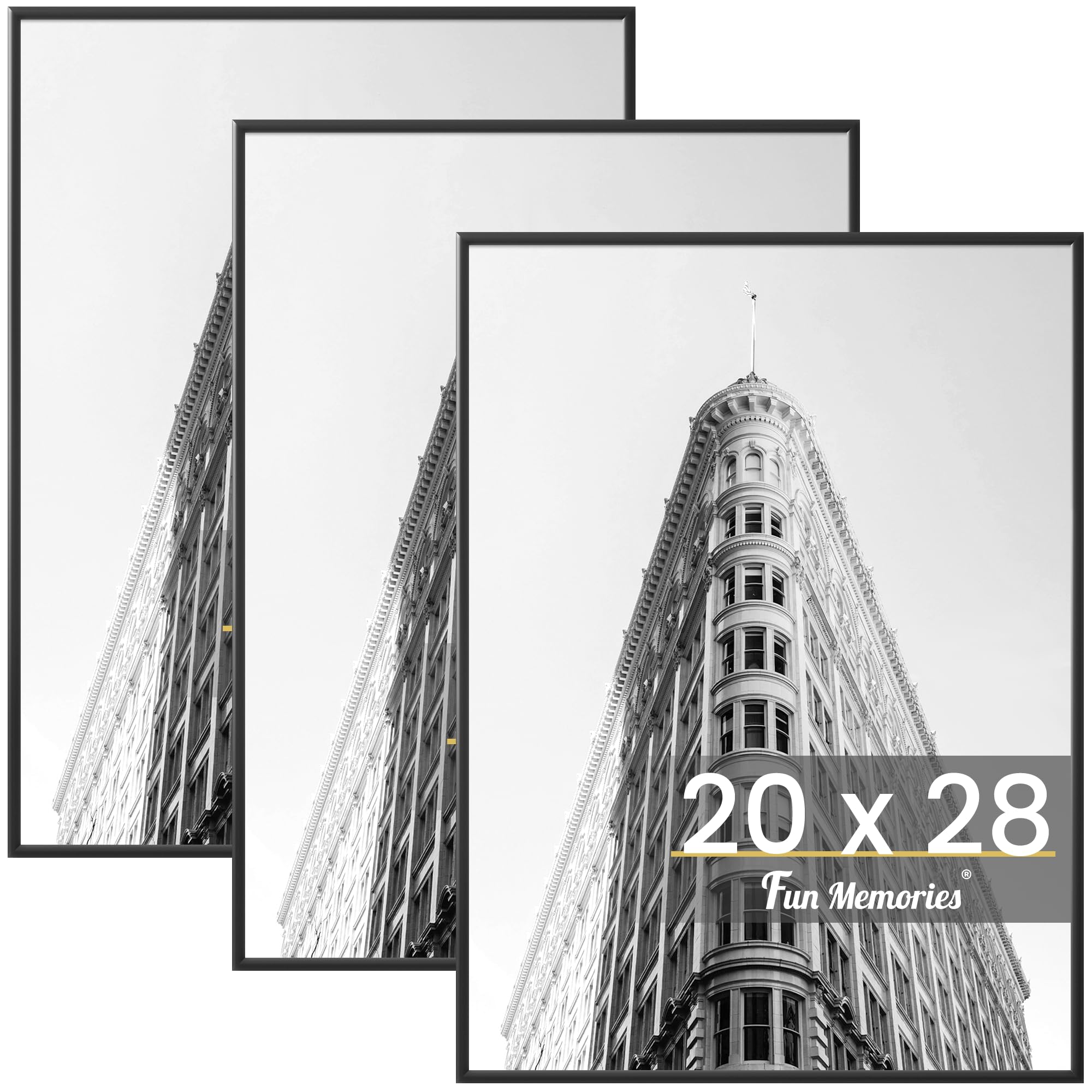 Fun Memories Marco de póster de 20 x 28 pulgadas para fotos, pósteres e impresiones artísticas, montaje horizontal o vertical en pared, marco de fotos a prueba de arañazos (negro, paquete de 3)