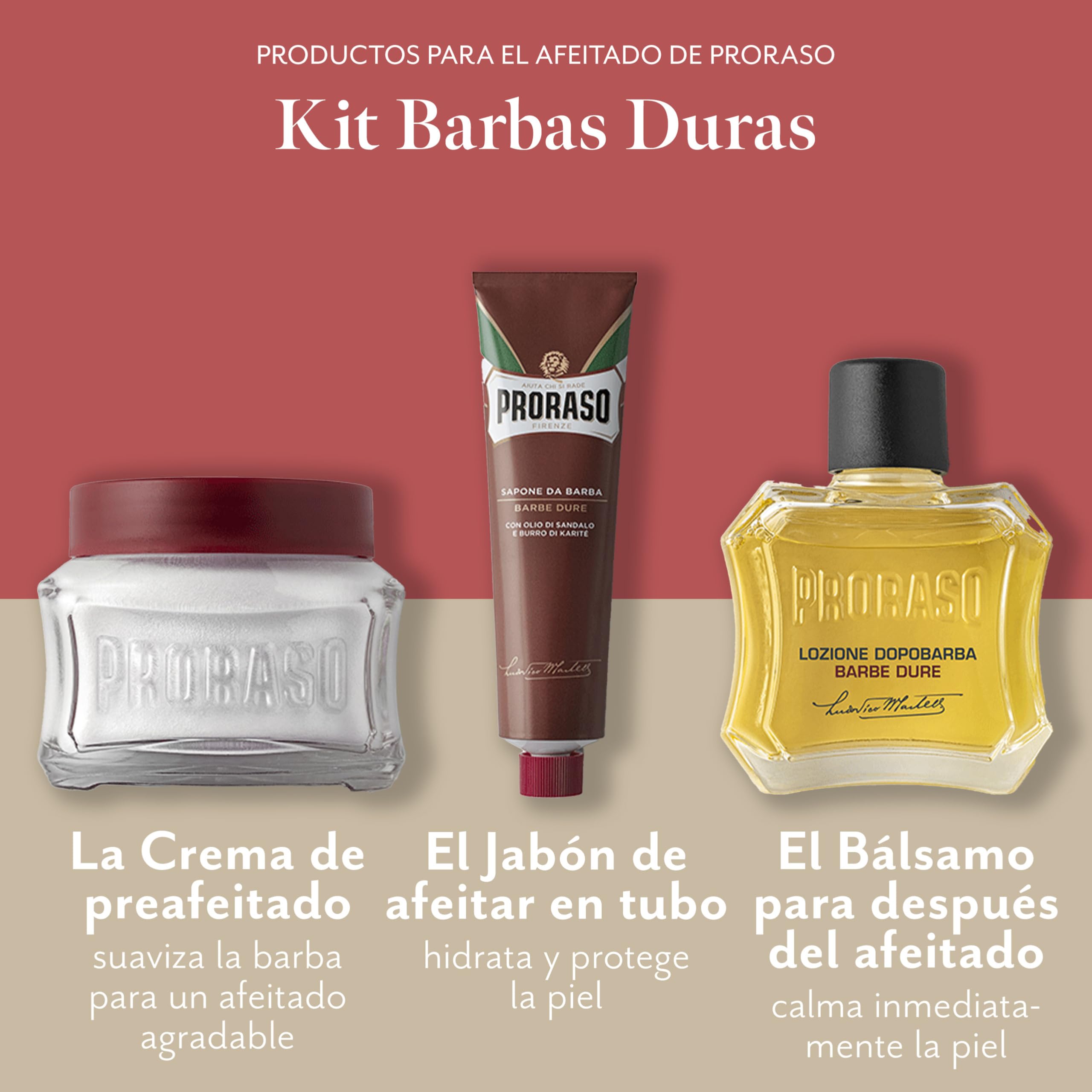 Proraso Vintage Selection, Gama Barbas Duras (pack trío), kit de cuidado barba de lujo con crema de preafeitado, jabón de afeitar en tubo y bálsamo para después del afeitado, Made in Italy