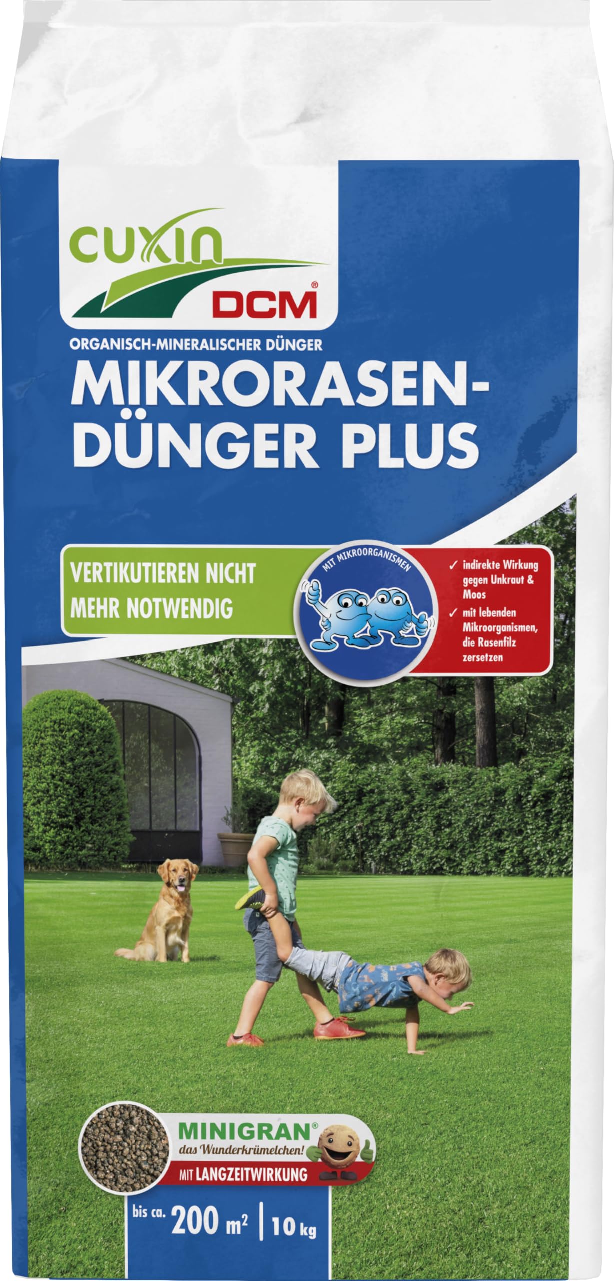CUXIN DCM Mikrorasen-Dünger Plus - Langzeit Rasendünger - MINIGRAN® TECHNOLOGY - Kein Vertikutieren nötig - organisch-mineralischer NPK-Dünger- 10 KG für 200qm