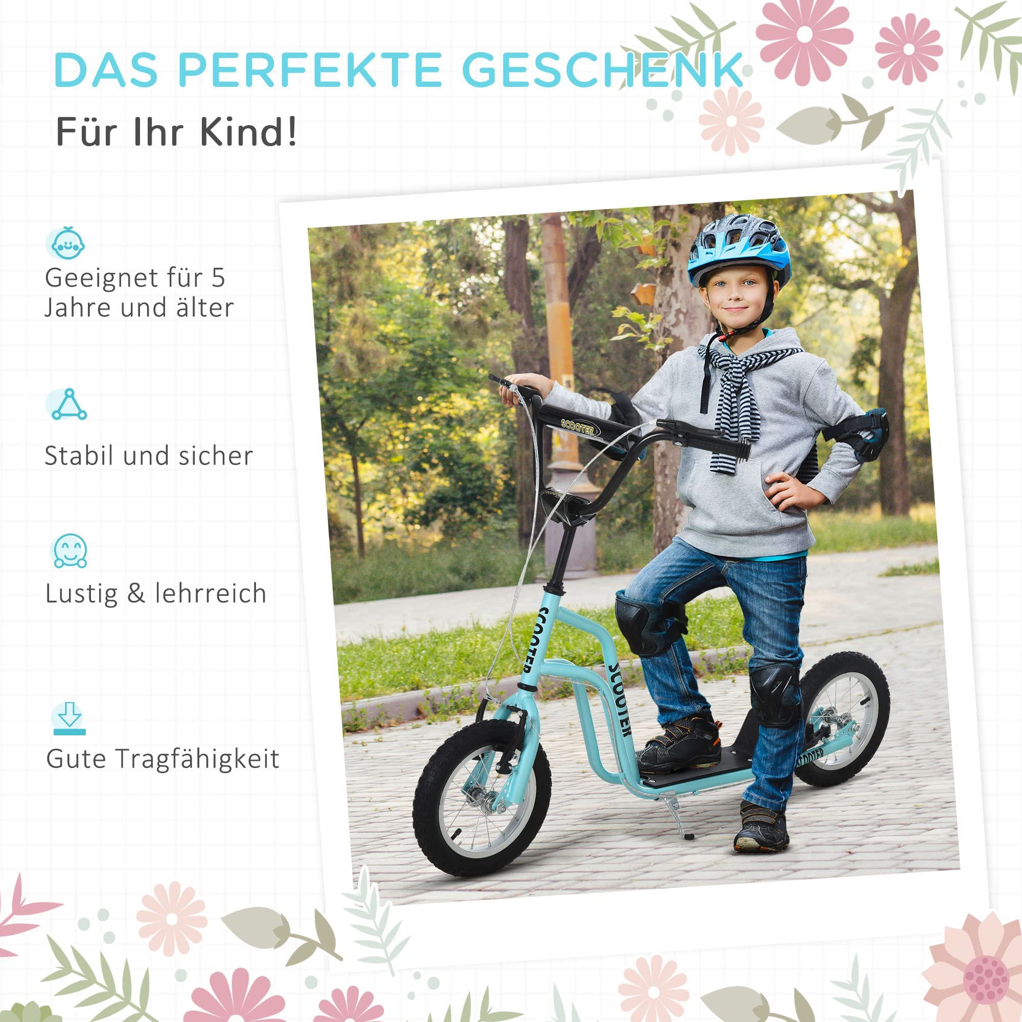 HOMCOM Kinderroller Lenker Verstellbar Scooter Tretroller Cityroller Kinder Roller Kickboard mit Luftreifen 12 Zoll ab 5 Jahre 120 x 58 x 75-80 cm