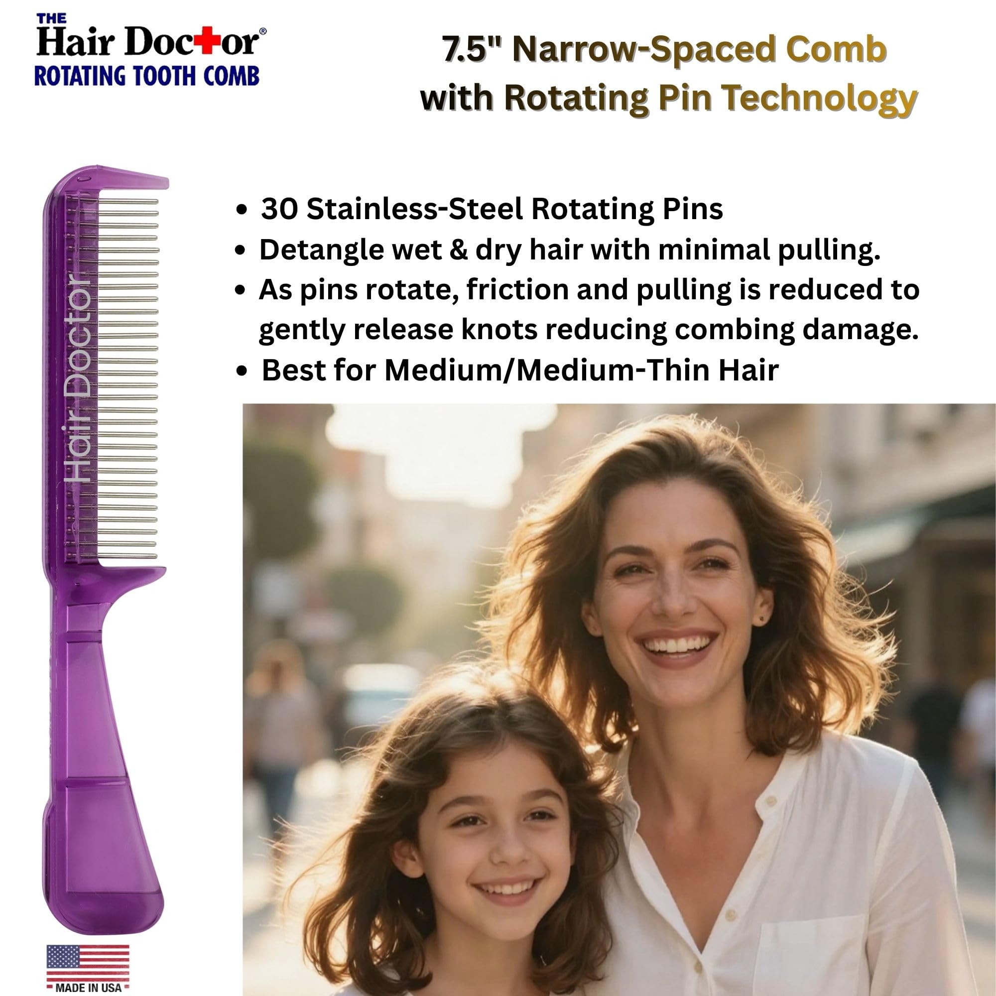 The Hair Doctor Peine de mango con dientes de acero inoxidable giratorios suaves y sedosos (30 dientes, morado real) - Reduce la rotura y la pérdida del cabello