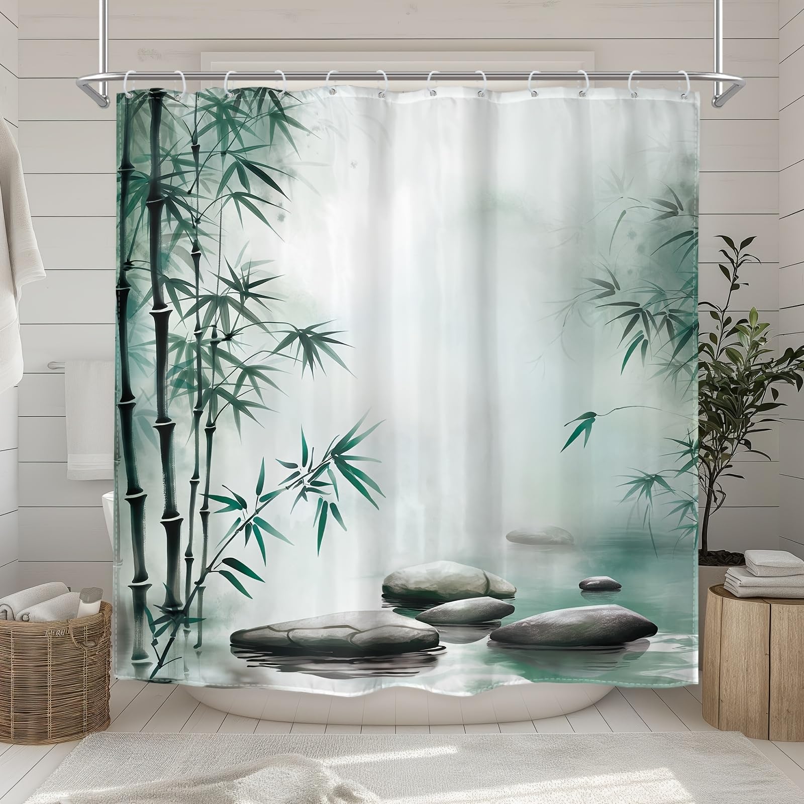 GLWDMB 1 Piece 120x180CM Chinese-Style Ink Misty Stream And Natural Scenery Pattern Printed Shower Curtain With Hook, Polyester Fabric, For Windows And Walls, Bathtub, Bathroom, All Season Universal