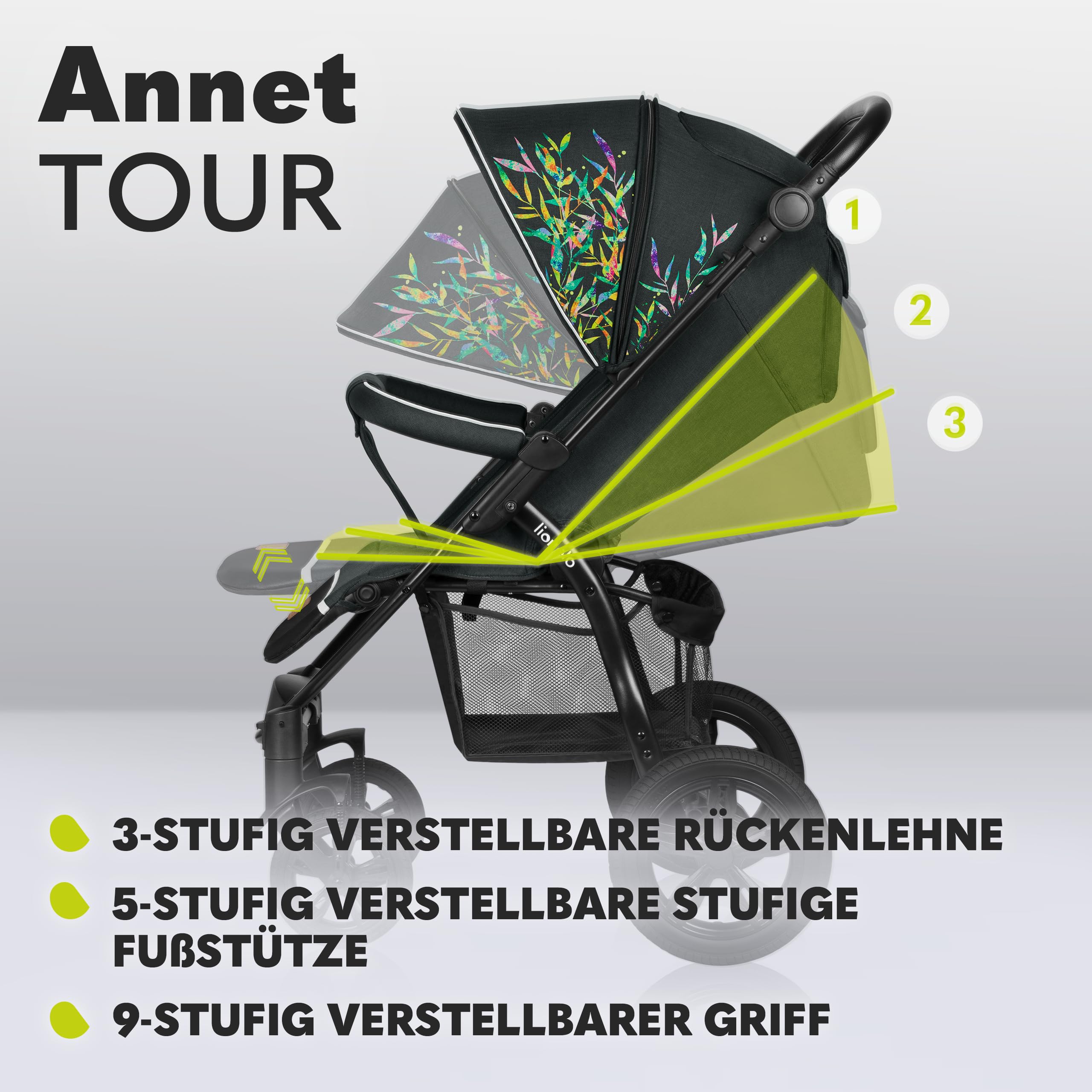 LIONELO Annet Buggy bis 22 kg mit Liegefunktion, Kinderwagen klein zusammenklappbar mit Zubehör, Eva-Schaum-Räder, Moskitonetz, Fußdecke Getränkehalter, Korb (Dreamin, Tour)