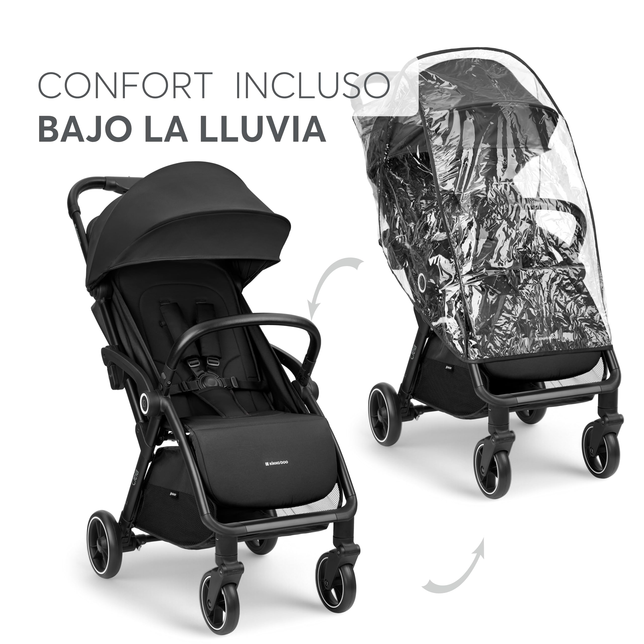 KikkaBoo Silla de Paseo Ligera CIELA, Carrito Bebé Compacto hasta 22 kg, Plegado Automático, Reclinable, Superligero, Tamaño Cabina Avión, Negro