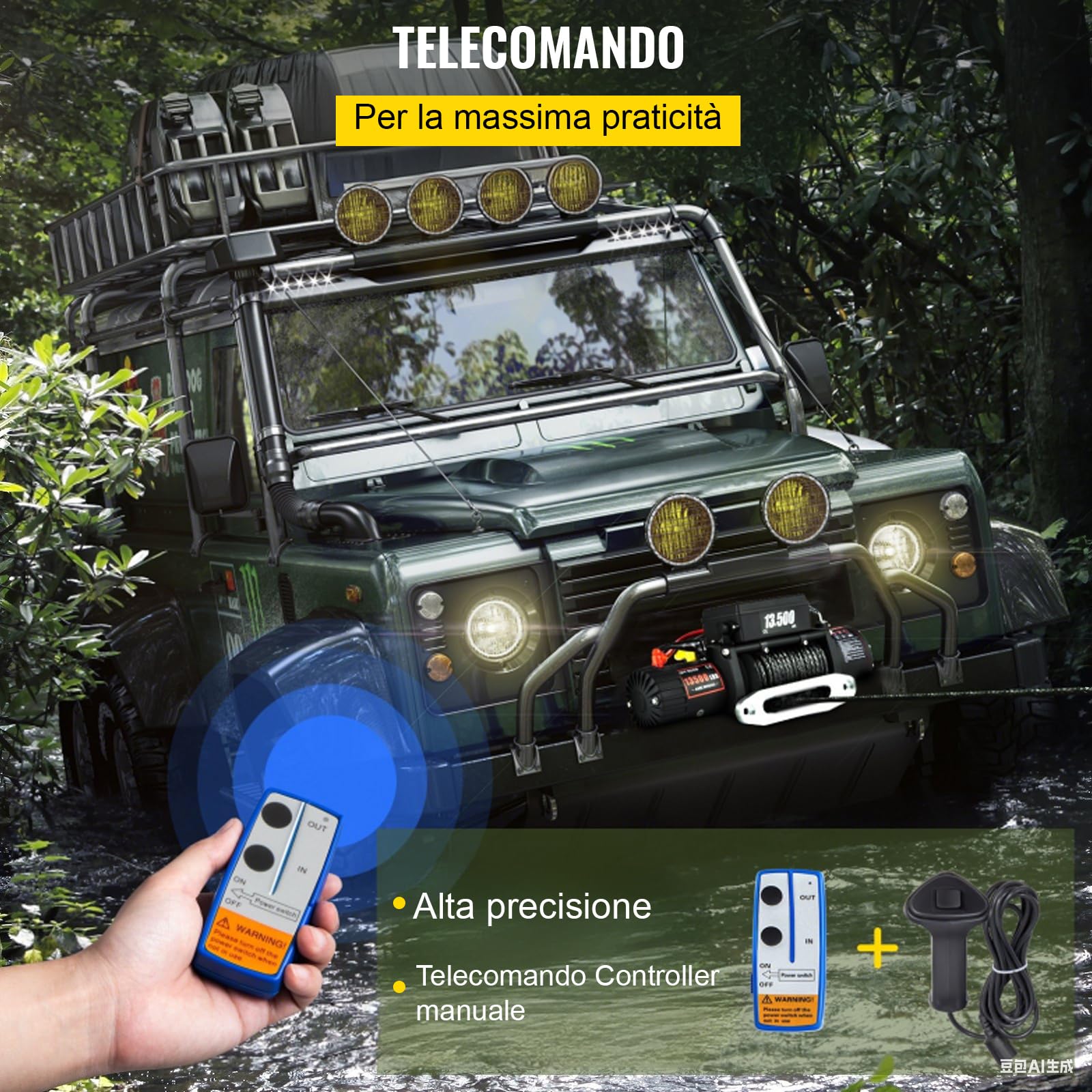 Verricello Elettrico 12 V 13500lb/6123kg CC con Cavo, IP68 Verricello Elettrico con 24m Corda Sintetica e Telecomando wireless×2, per carri rimorchi, fuoristrada, 4 x 4 veicoli,Traino UTV ATV