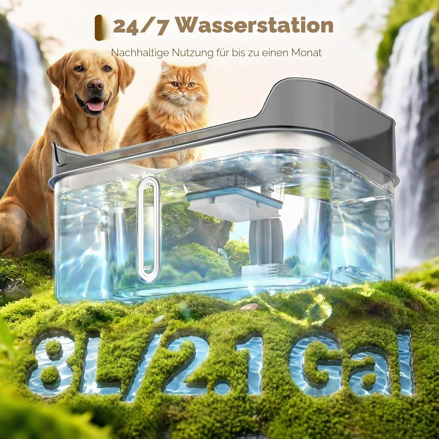 Kein Spill Hund Wasserbrunnen Edelstahl für große Hunde, 8L / 2.1Gal Ultra Ruhige Haustier Wasserbrunnen für Katzen Hunde Indoor, automatische Hund Wasserschale Spender