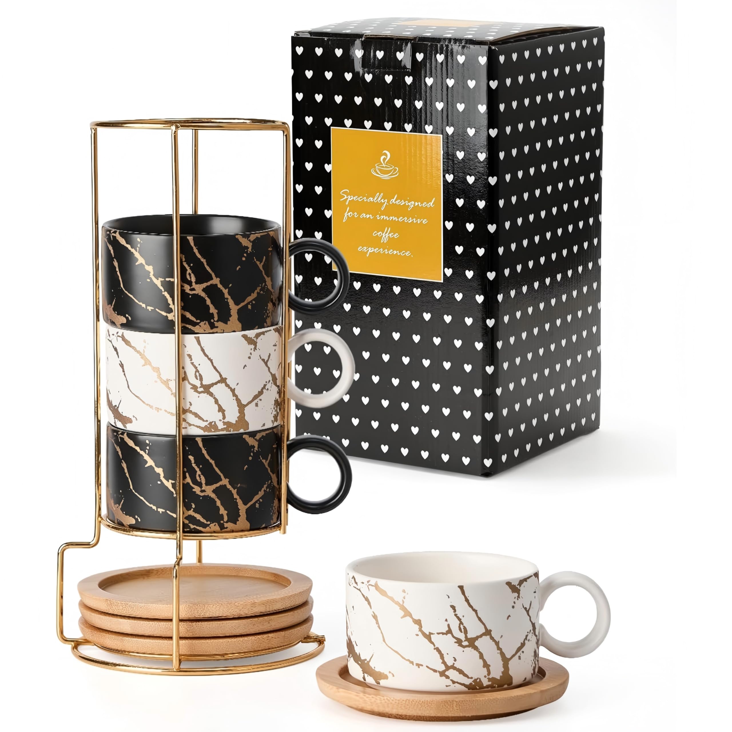 HOME DECOR Tasses à expresso empilables en céramique 4 x 160 ml– Marble | Soucoupe et support, gain de place, décor unique, idéal pour l'espresso et le latte, compatible lave-vaisselle.