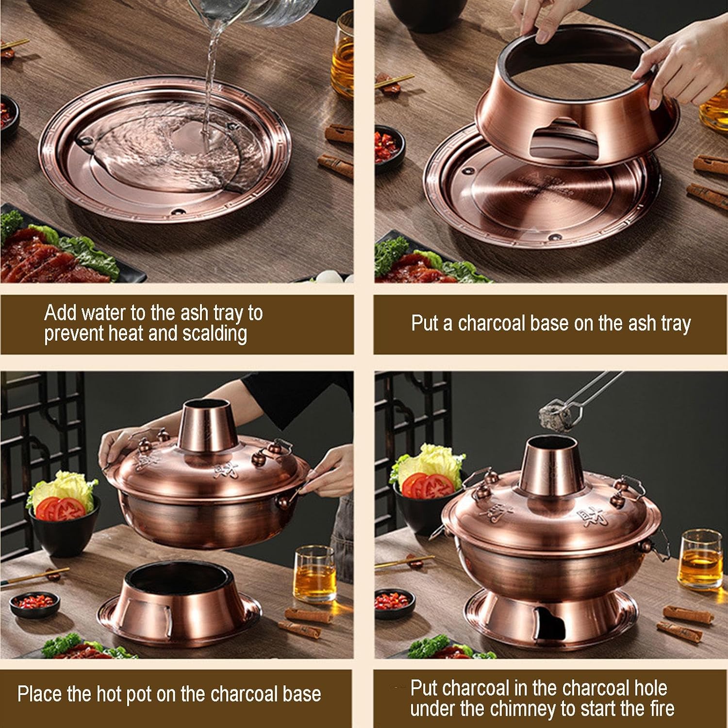 Old Hot Pot,Chinese Copper Hot Pot, Chinese Copper Hot Pot,Two-Flavor Chinese Charcoal Shabu Shabu Pot Old Hot Pot Mongolian Cattle Hotpot with Divider Suitable for Family Home Parties,(B,34cm)