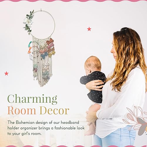 Miniatura 6 de Organizador de lazo para bebé para niñas, lazos para el cabello, clips y diademas - Soporte de arco de macramé bohemio con marco circular de latón