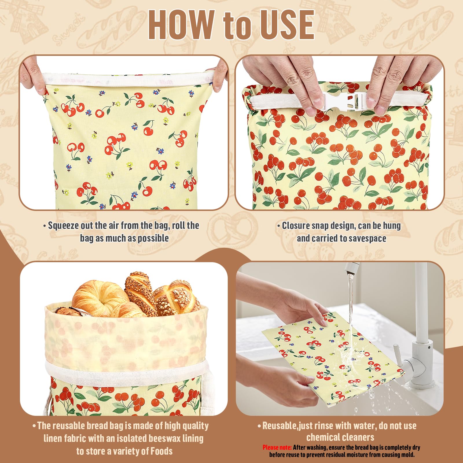 2 Pcs Sacs a Pain Tissu Réutilisables en Polyester avec Doublure en Cire d'abeille Sac à Pain pour Conserver le Pains Beeswax Bread Bag Conservation Croissant Baguette Fruits Légumes-43*30cm(Cerises)