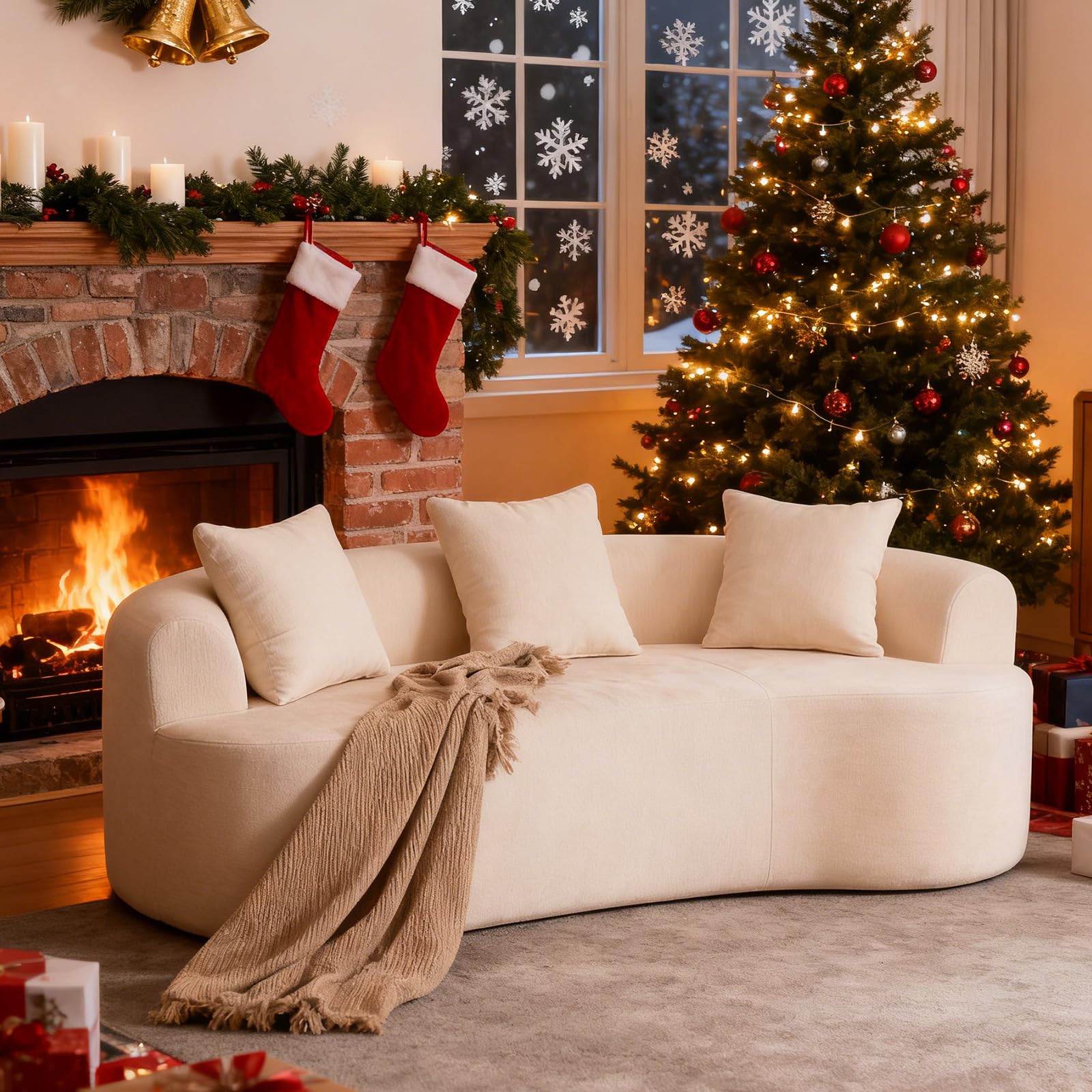 HRVEOCEI Luxury 80” Curved Loveseat Sofa, Chenille Curved Couch with 2 Big Pillows & Extra Wide Armrests, Comfy Upholstered Oversized Loveseat Couch &