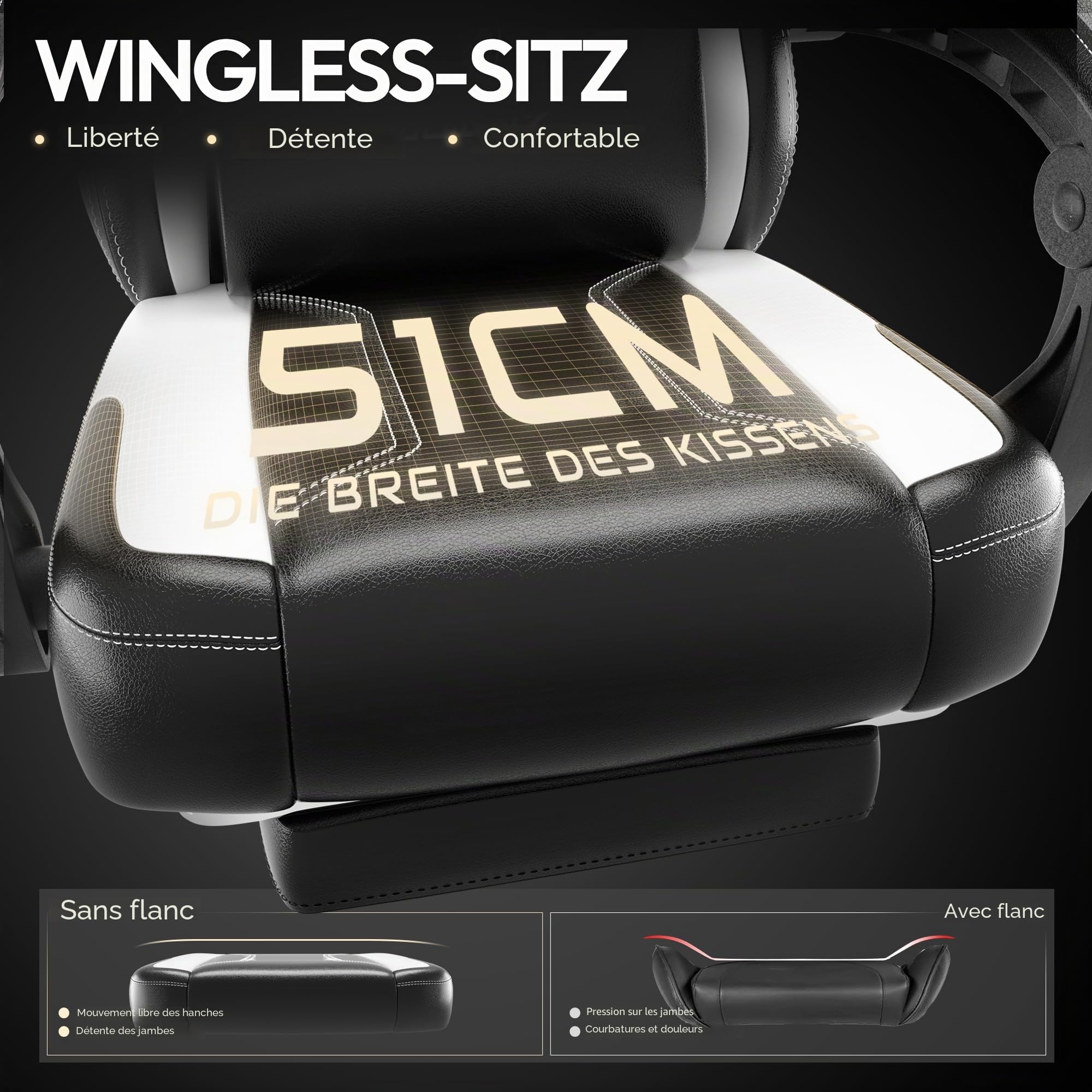 Dowinx Chaise de gamer, ergonomique, avec soutien lombaire, en cuir synthétique et polycarbonate, dossier élargi, charge maximale de 150 kg, blanche