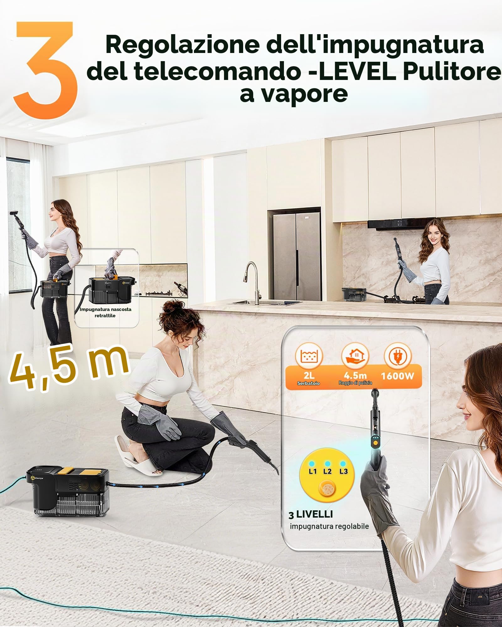 Gautye Pulitore a vapore 3 livelli con manico regolabile, 10 secondi di tempo di riscaldamento, serbatoio dell'acqua da 2 l, pulitore a vapore con 18 accessori, pulitore a vapore per cucina, bagno