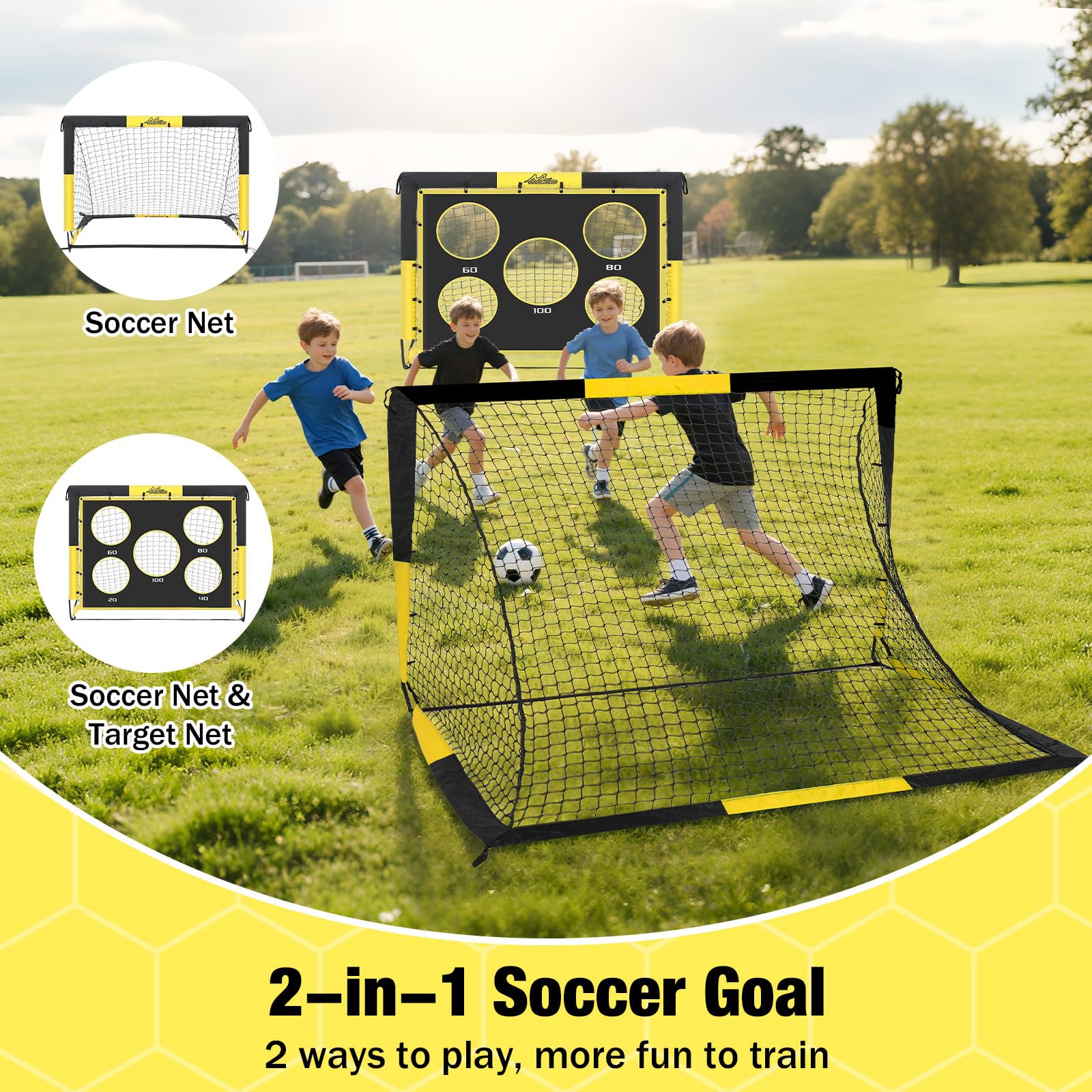 MoKo Portería de Fútbol para Jardín, 2 Paquete 5×4 FT Red de Portería Plegable con Panel de Blanco, Equipo Portátil de Entrenamiento de Fútbol para Niños, Juego de Deportes de Exterior, Negro+Amarillo