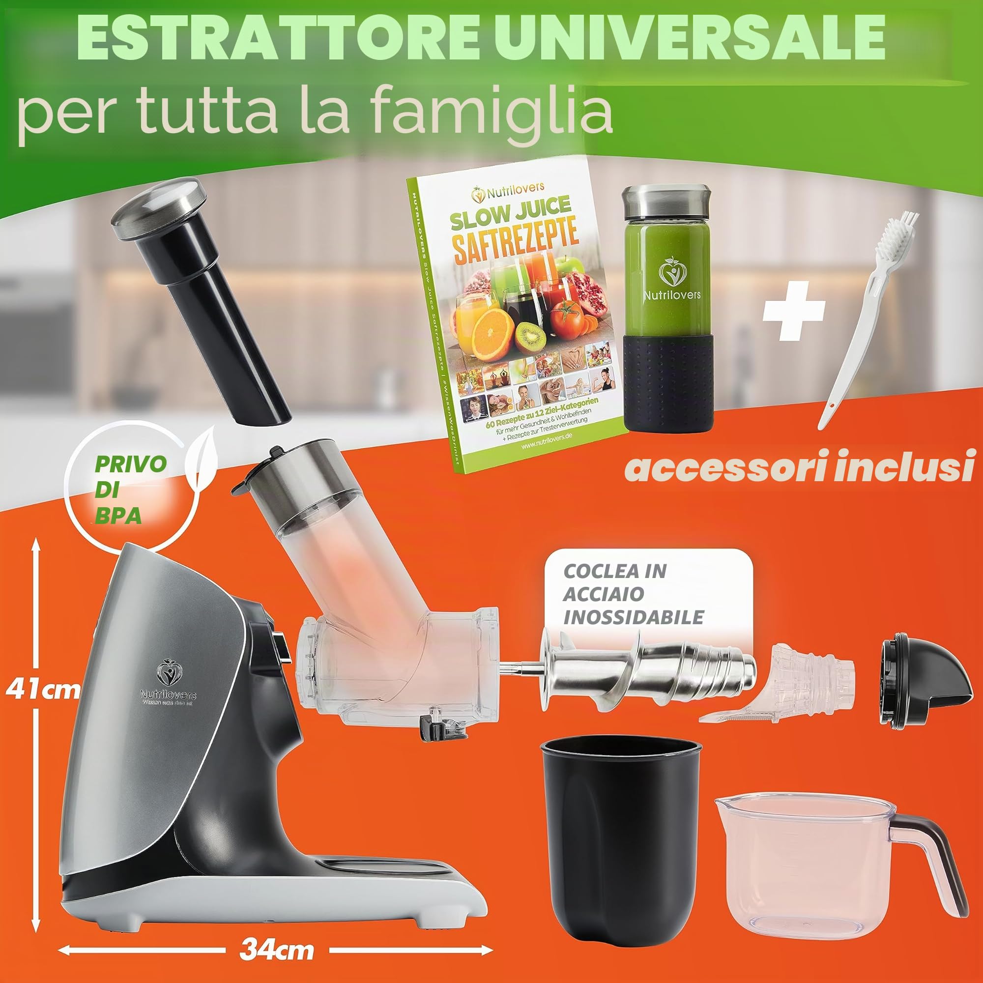 GREEN-PRESS MAX Estrattore di Succo Lento in Acciaio Inossidabile 304 con Coclea Senza BPA | Per Frutta Intera, Sedano, Verdure e Frutta | Vincitore del Test 2023 | Estrattore di Succo Versatile