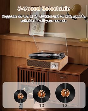 Record Player, VOKSUN Bluetooth Vinyl Turntable with Built-in Stereo Speaker Belt-Driven Vintage Phonograph Record Player Vinyl Player, 3 Speed Turntable with Digital Encoder, USB, RCA, Aux IN, Wood