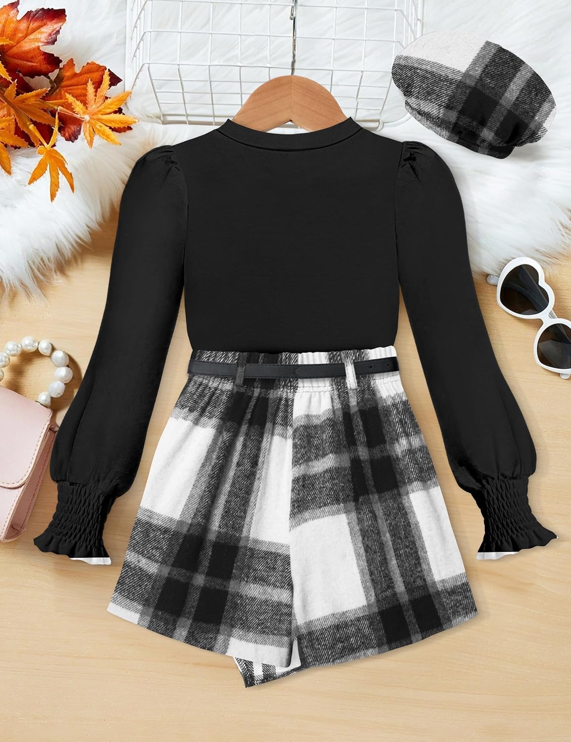 AGAPENG Girl Skirt Sets Smocked Cuffed Fall Outfits Puff Sleeve Tops Plaid Skirt Shorts Adjustable Belt Winter Clothes