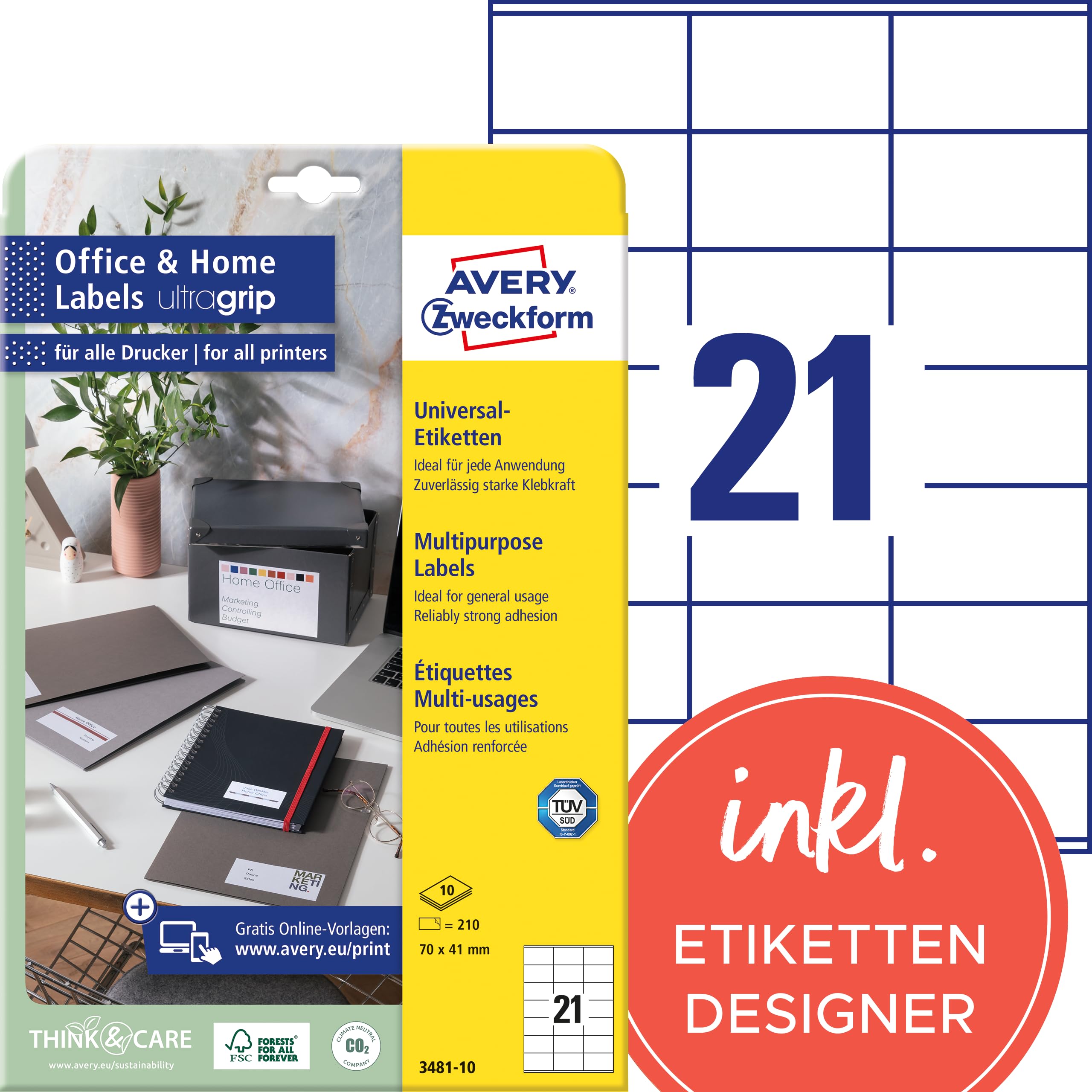 AVERY Zweckform 3481-10 Adressaufkleber – 210 Etiketten auf 10 Blatt, 70 x 41 mm, FSC-zertifiziert, selbstklebend