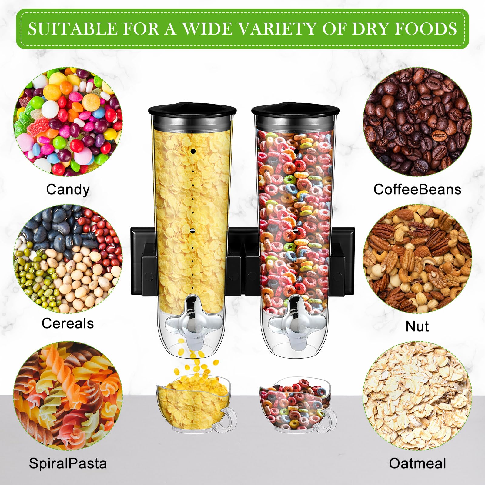Huwena Set di 4 contenitori per cereali, 3 l ciascuno, dispenser da parete per cereali, per alimenti secchi, caramelle, farina d'avena, caffè, noci, colore nero