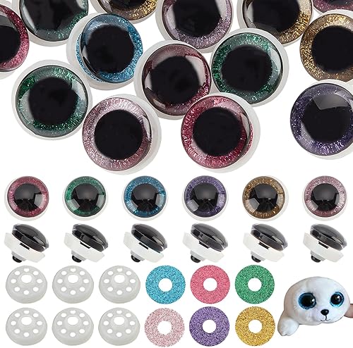 PH PandaHall 24 juegos de ojos de seguridad de plástico, 6 colores, ojos de animales rellenos con purpurina de 1.378 in, ojos de ganchillo para oso