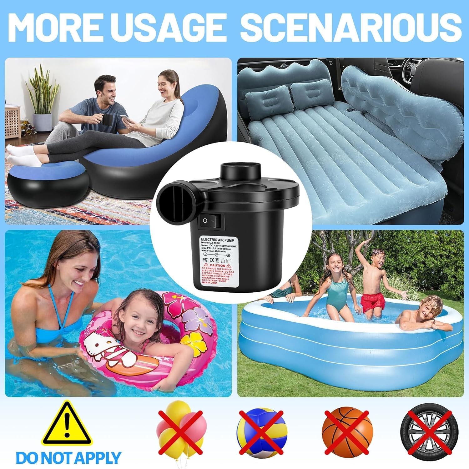 AearKing Inflador Electrico Colchon Hinchable, 2 en 1 Bomba de Aire Eléctrica Portátil con 3 Boquillas, Hinchador Electrico Piscina Hinchable con 2 Enchufes 110V-240V AC/12V 50W DC para Casa y Coche