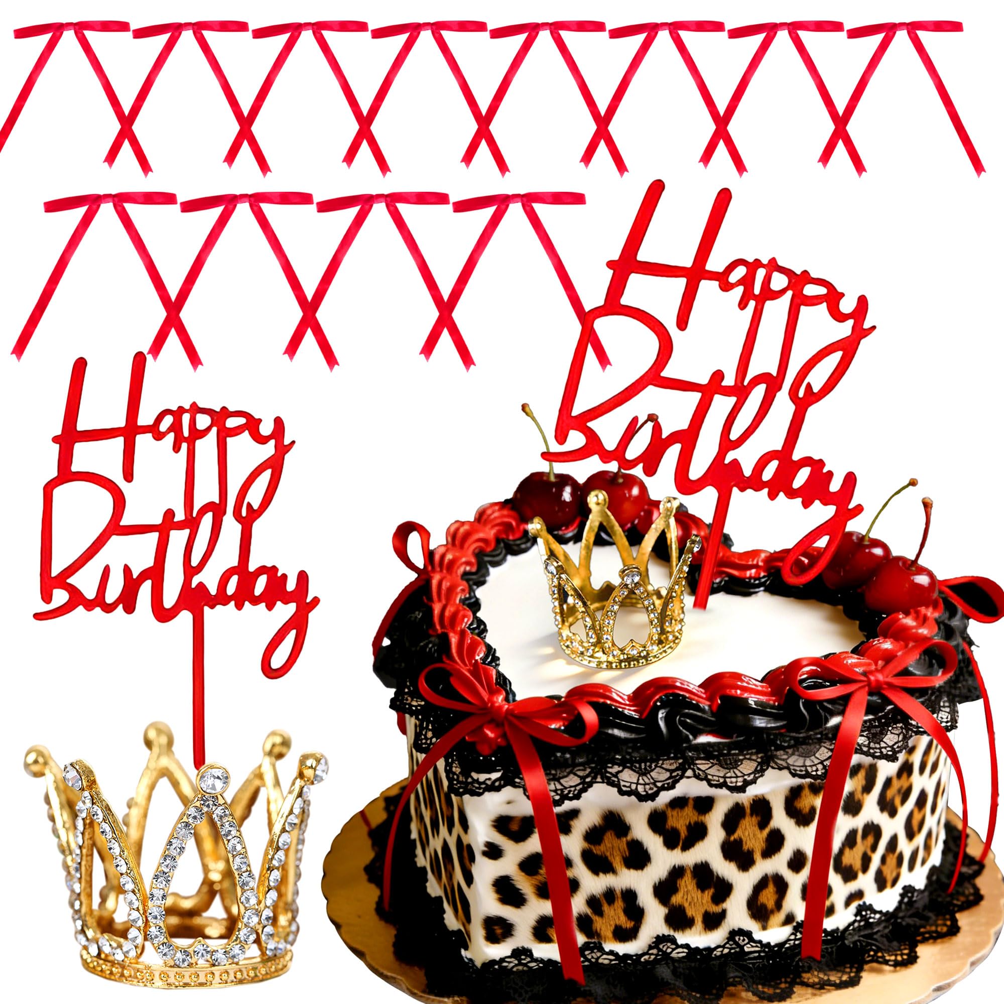 14PCS Red Black Bows Crown Cherry Theme Cheetah Birthday Cake Decorations Leopard Red Black Bows Crown Cherry Theme Party Supplies