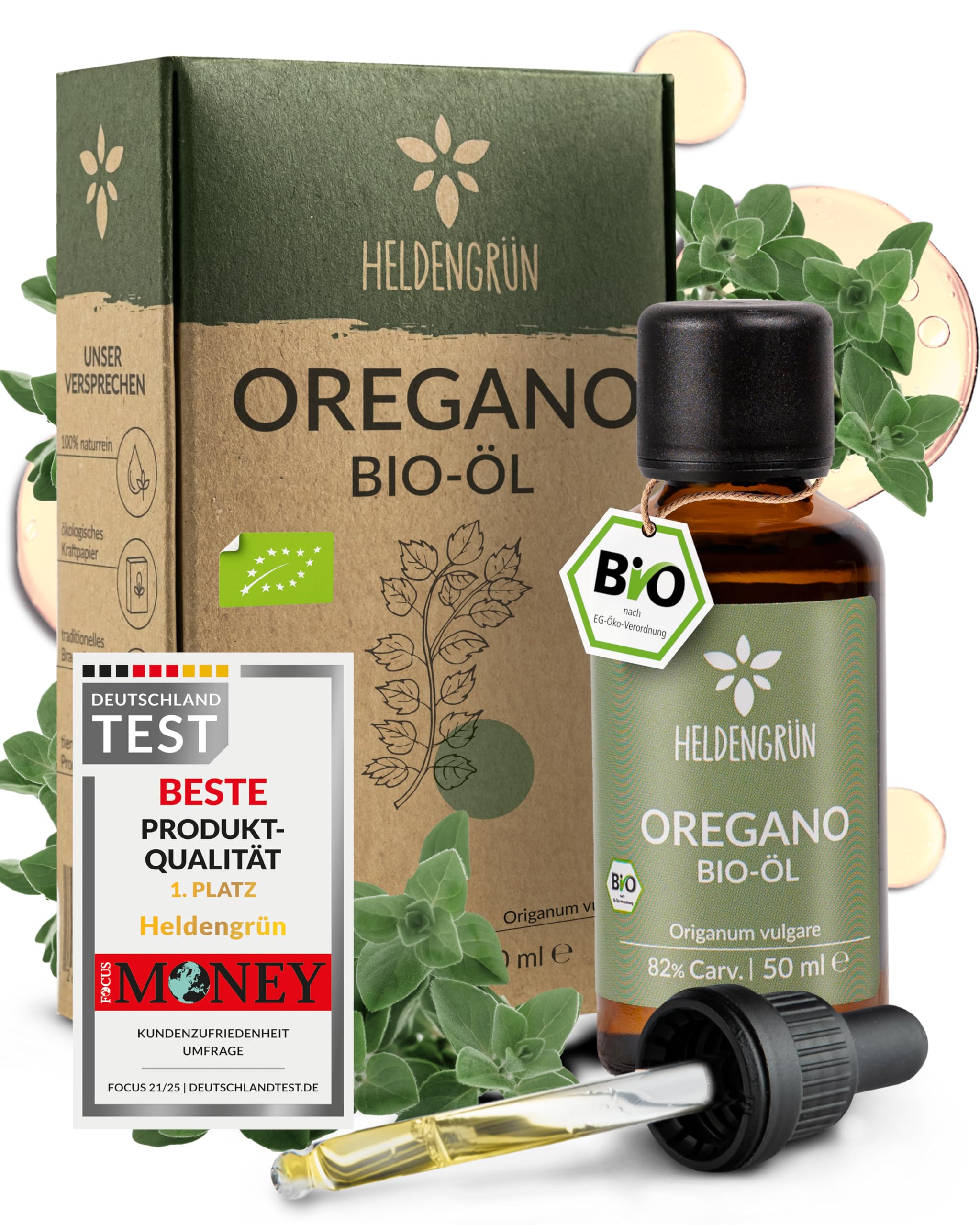 Heldengrün® BIO Oregano Öl 50 ml [100% NATURREIN] mit +82% Carvacrol - Zertifiziertes Lebensmittel zum Einnehmen - Oreganoöl Bio aus Griechenland - Oregano Oil