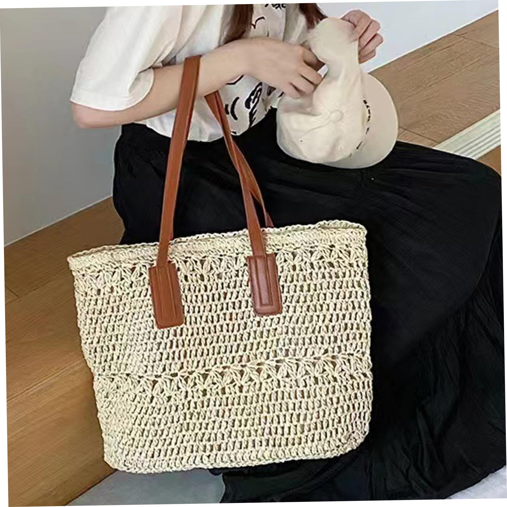 Stroh-Strandtasche für Damen, Sommer-Urlaubstasche, große Kapazität, Strandtasche, gewebte Schultertasche für Urlaubsutensilien, Stroh
