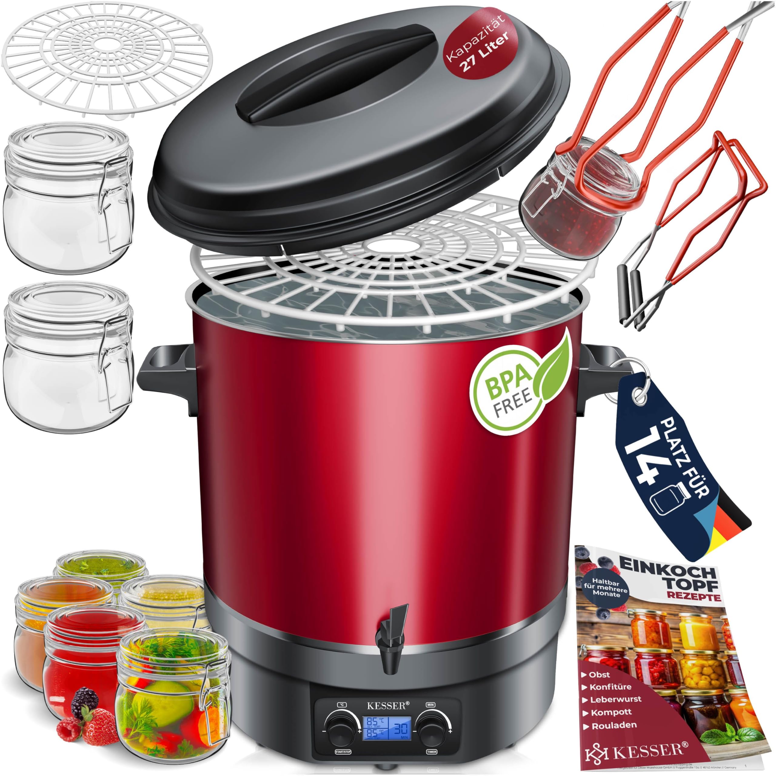 KESSER Einkochautomat 27 Liter Glühweinkocher Glühweinkessel mit Timer 2000 Watt Temperatur von 30-100°C Zeituhr bis 120 Minuten und Dauerbetrieb Abschaltautomatik Einkochvollautomat 2 Gläser & Zange
