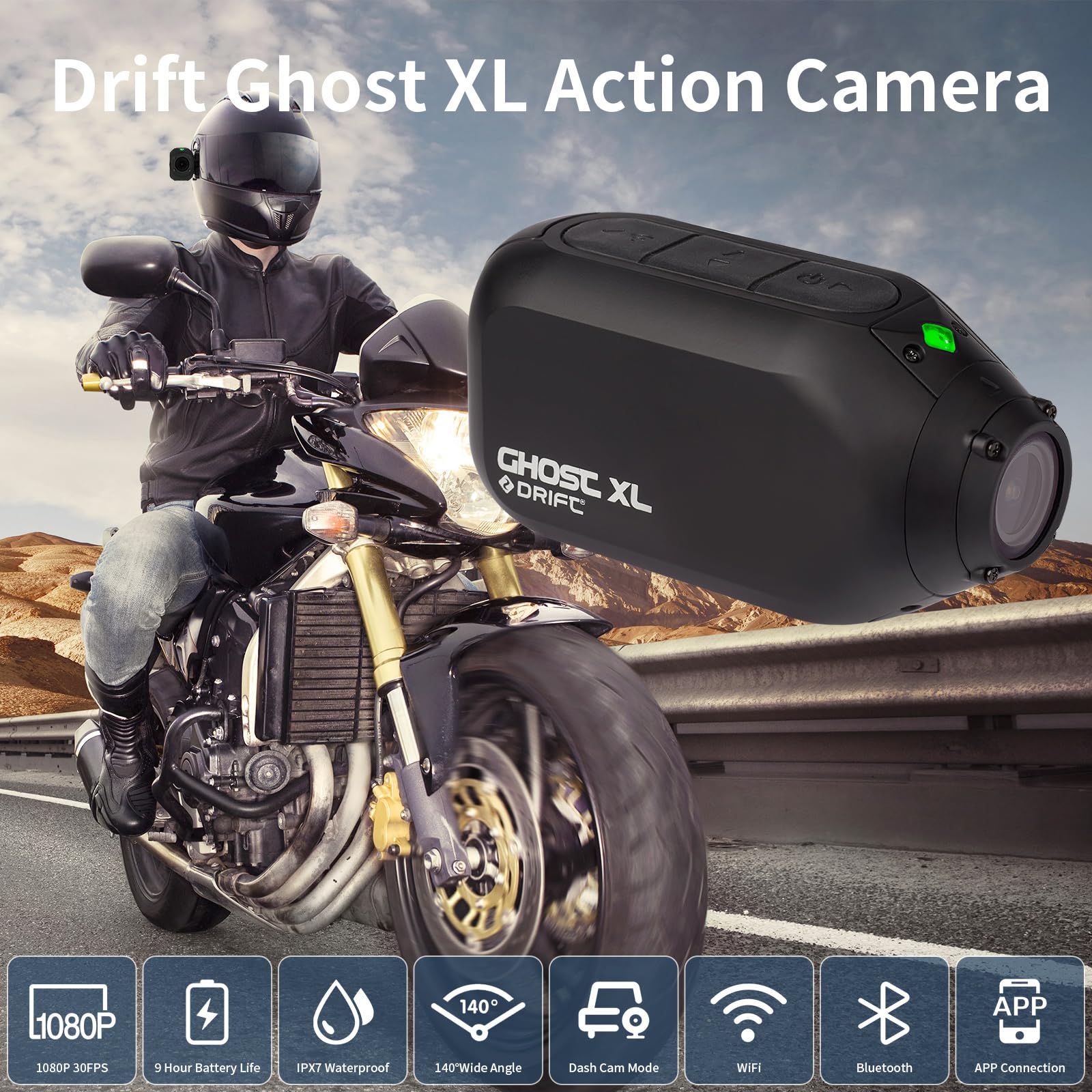DRIFT Ghost XL Waterproof Action Camera, 9 Hour Battery 1080P WiFi Remote Control Sport Cameras with Helmet Cam Mount Accessories Kits, Wearable for Vlog Motorcycle Bicycle