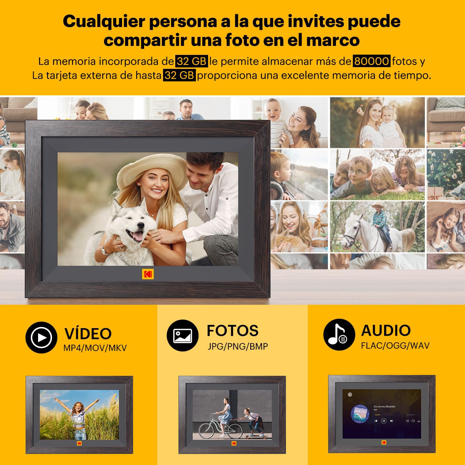 KODAK Marco de Fotos Digital WiFi 10.1 Pulgadas, Memoria Incorporada 32GB, Pantalla Táctil para HD 1280x800 IPS, Soporte Multilingüe, Rotación Automática, Compartir Instantáneamente Fotos y Videos