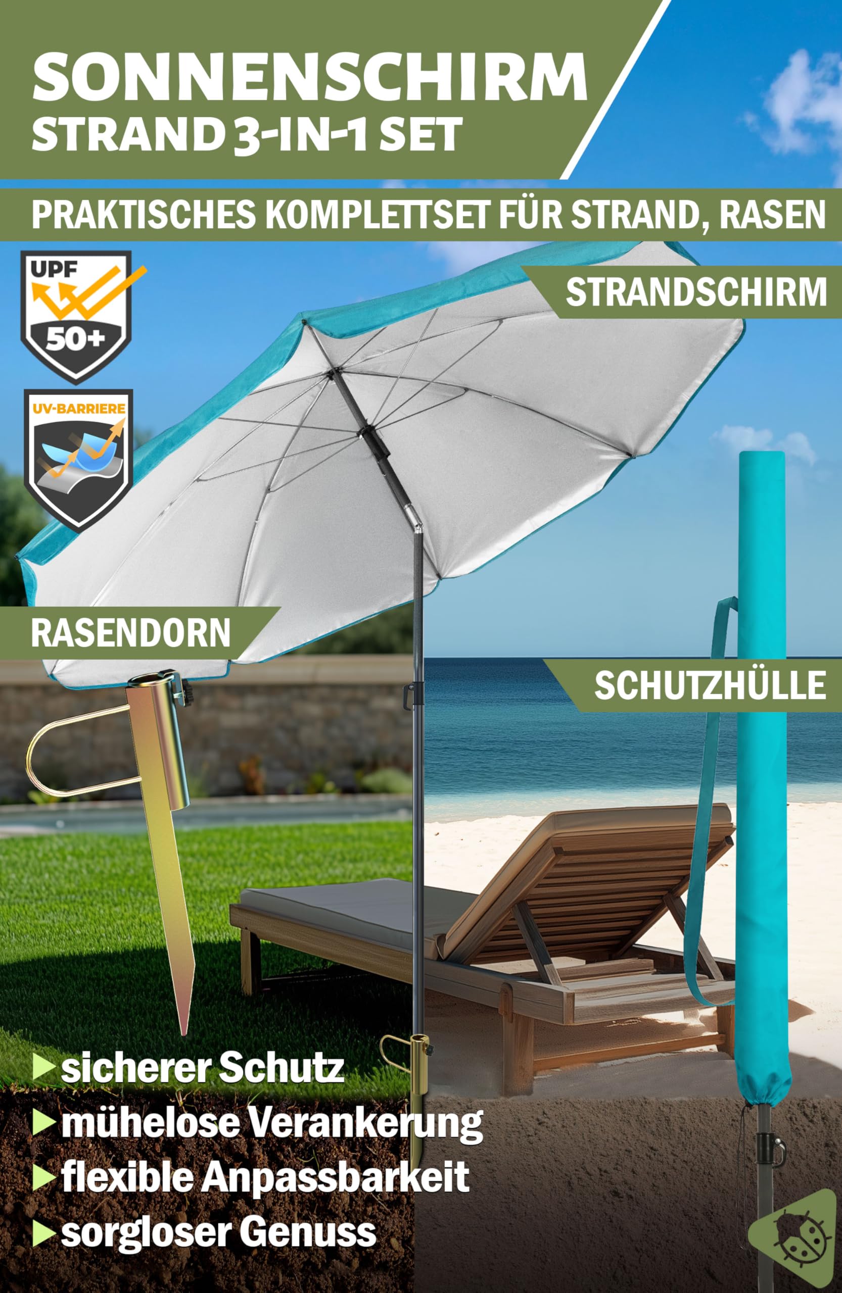 Menz Sonnenschirm Strand Ø 180 cm in Türkis, 3-IN-1 Set - UPF 50+ Strandschirm windfest stabil + Schirmhülle + Rasendorn Sonnenschirmhalter - Sonnenschirm mit Rasendorn für Garten, Schirmspieß