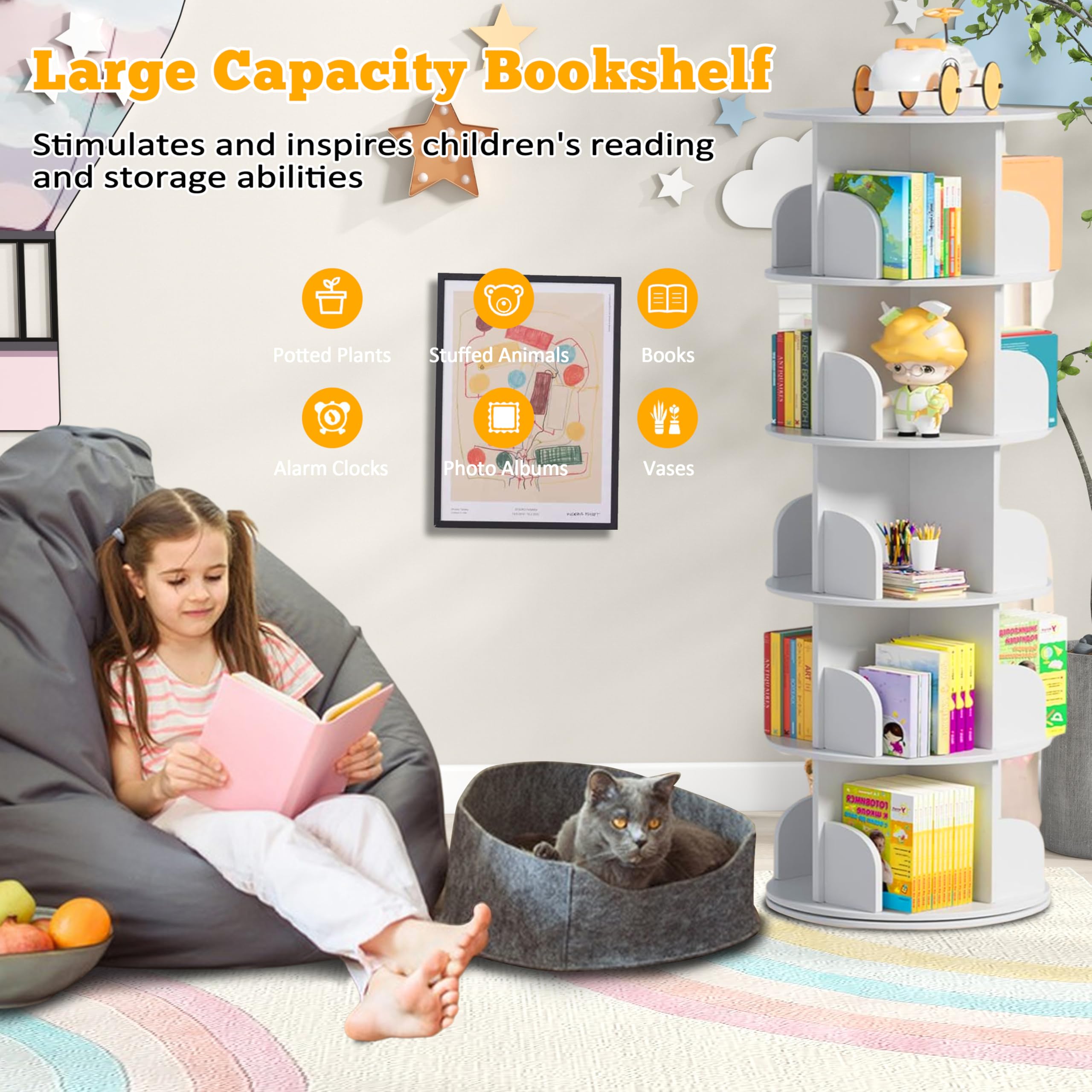 Rotating Vertical Storage Snapklik.com : 5 Tier Rotating Bookshelf Tower, 360 Display Wood ...