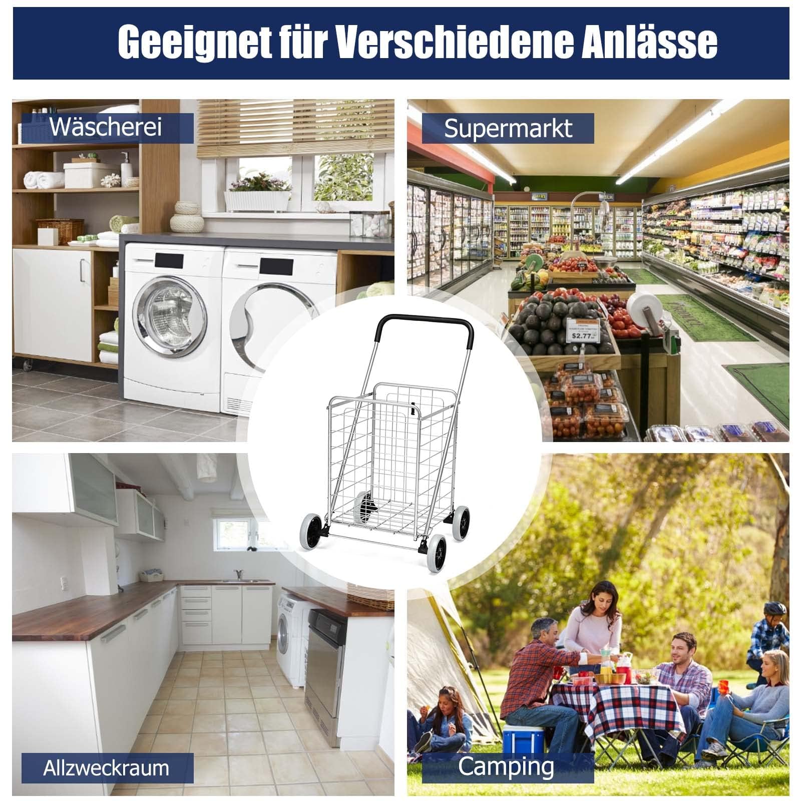 COSTWAY Klappbarer Einkaufstrolley, Einkaufswagen auf Rollen, 45 kg belastbar, 83L, Tragbarer Handwagen, Rollwagen Allzweckwagen für Wäsche, Einkaufen, Gepäck (Silber)